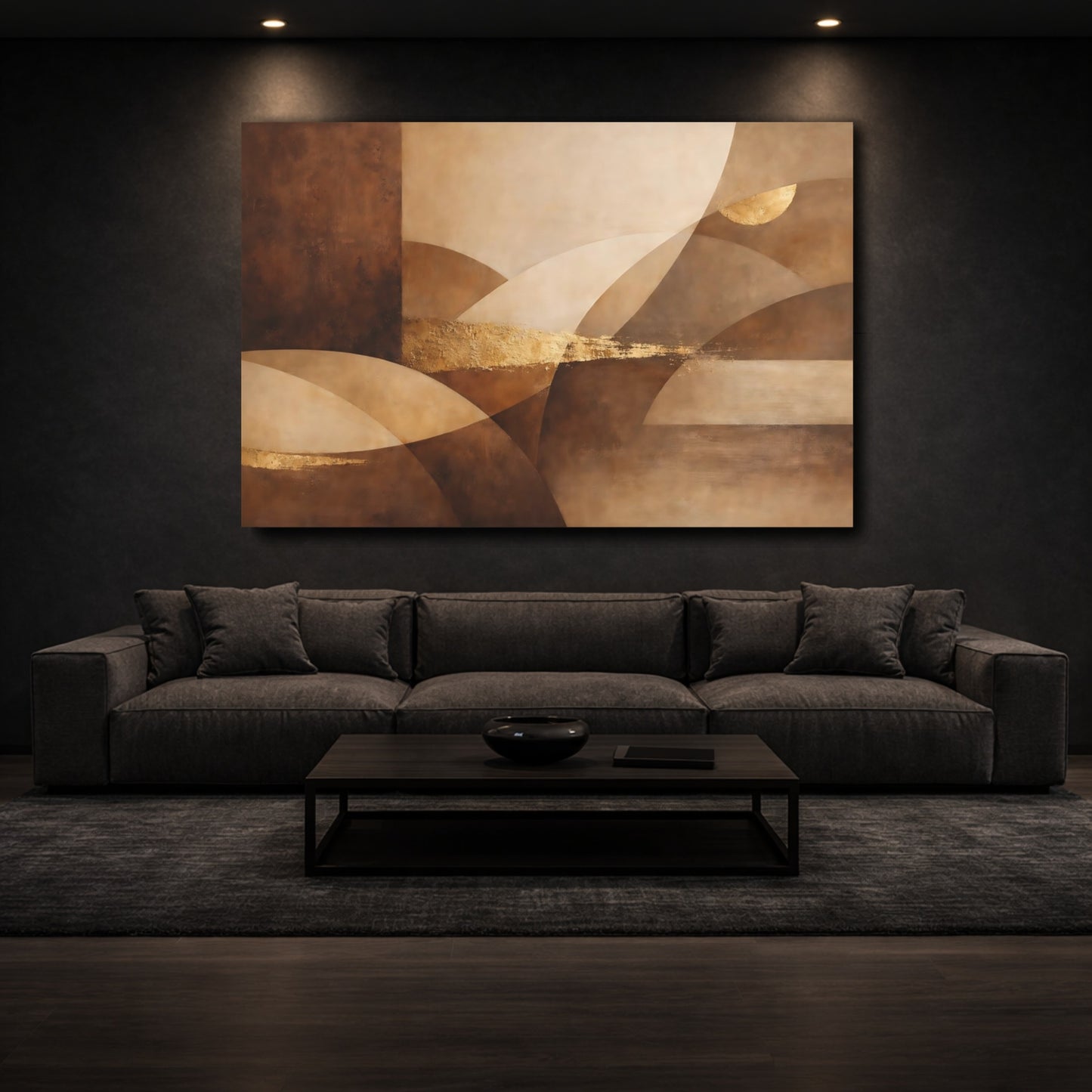 Mockup 2. Abstract Abstract Forms Brown Gold Abstract shown as stretched canvas wall art
