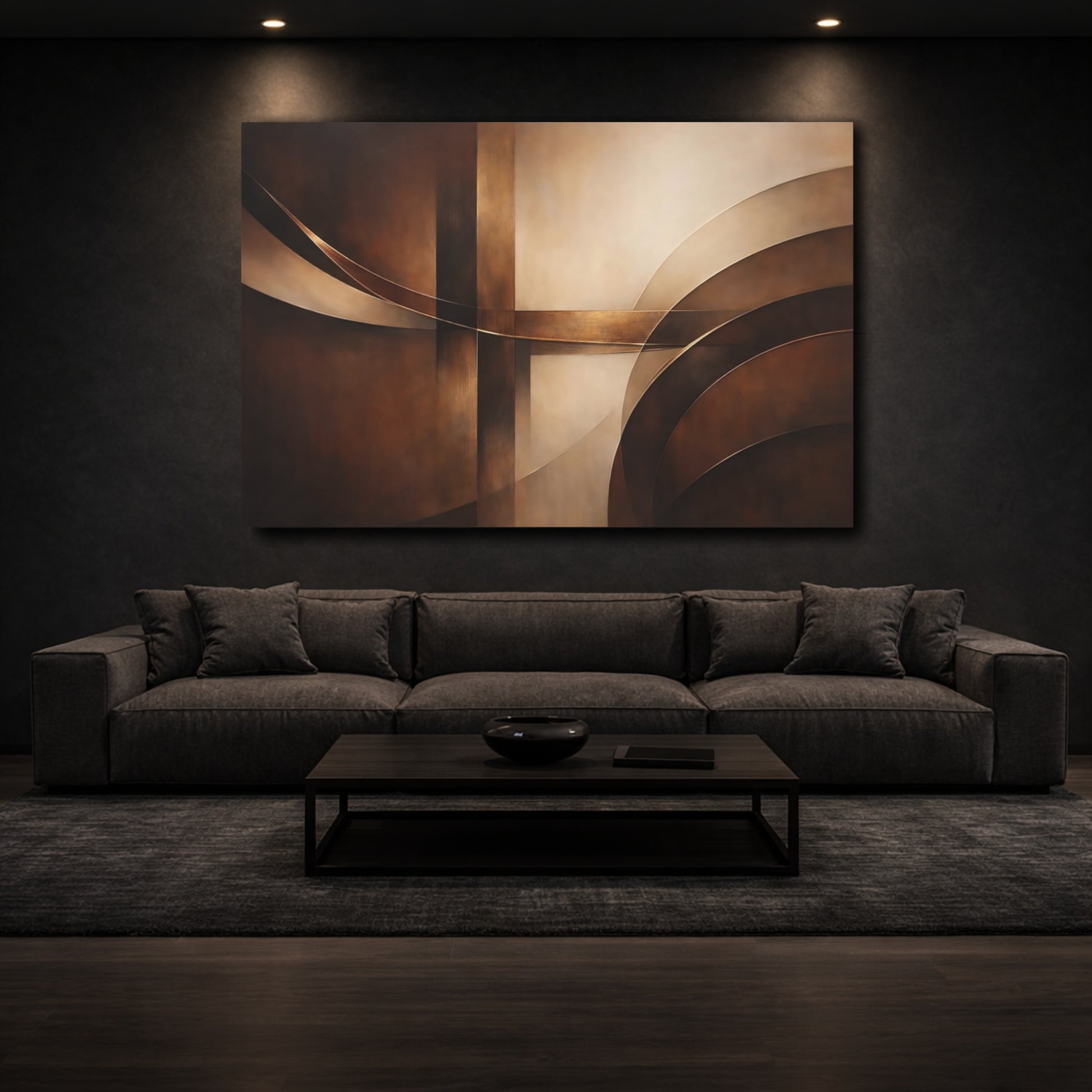 Mockup 2. Abstract Abstract Forms Brown Gold Abstract shown as stretched canvas wall art