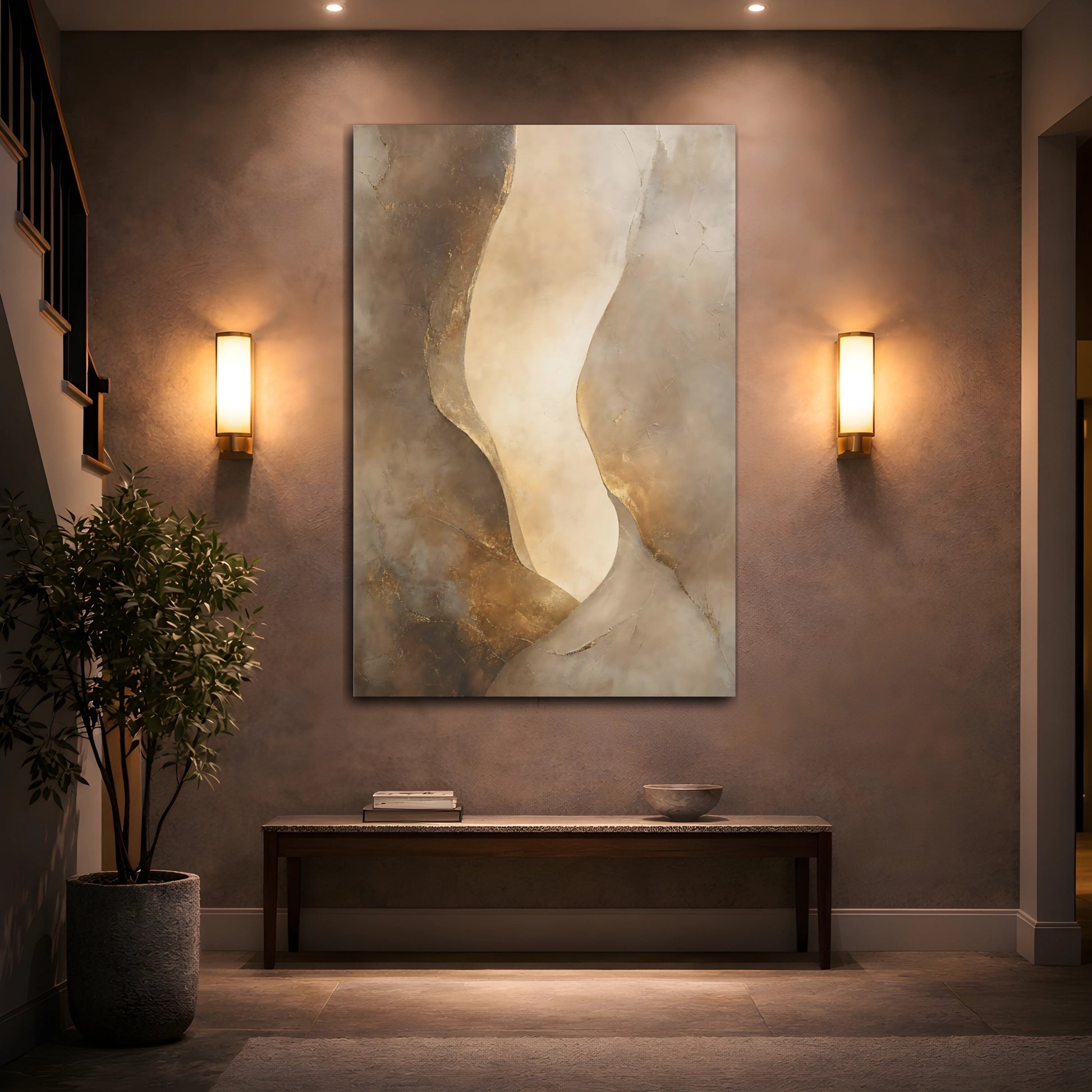 Mockup 2. Abstract Abstract Forms Brown Gold Abstract shown as stretched canvas wall art