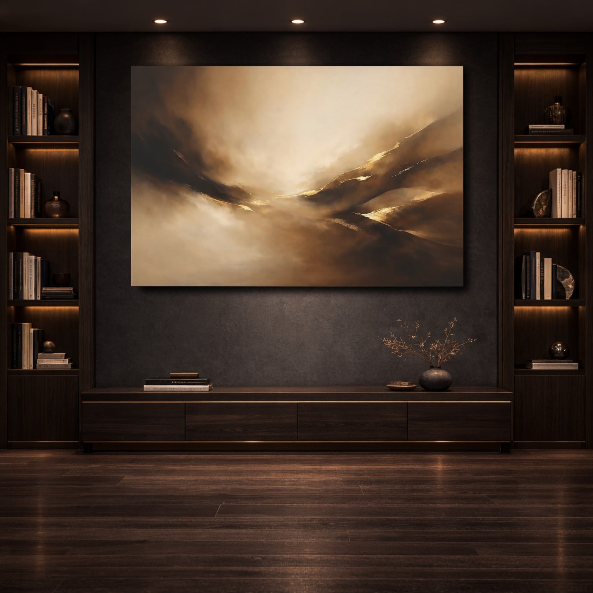 Mockup 3. Abstract Abstract Forms Brown Gold Abstract shown as stretched canvas wall art