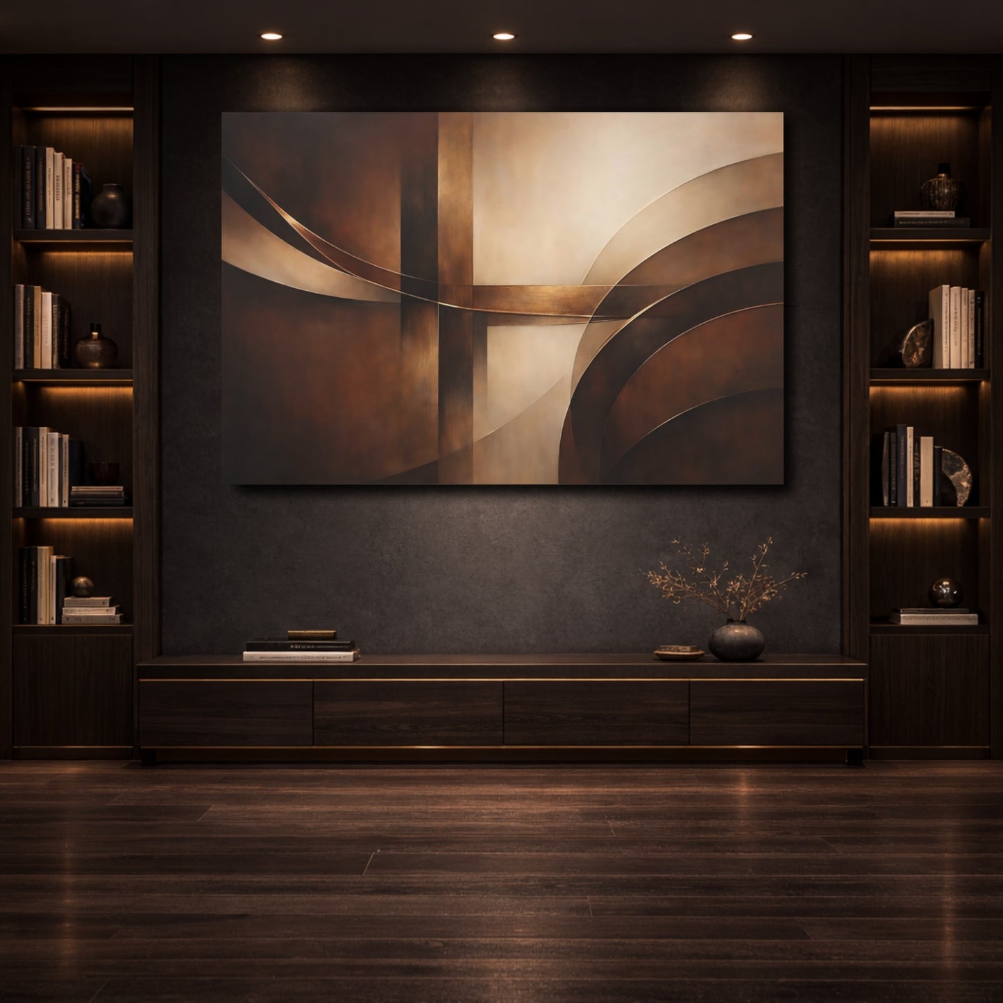 Mockup 3. Abstract Abstract Forms Brown Gold Abstract shown as stretched canvas wall art