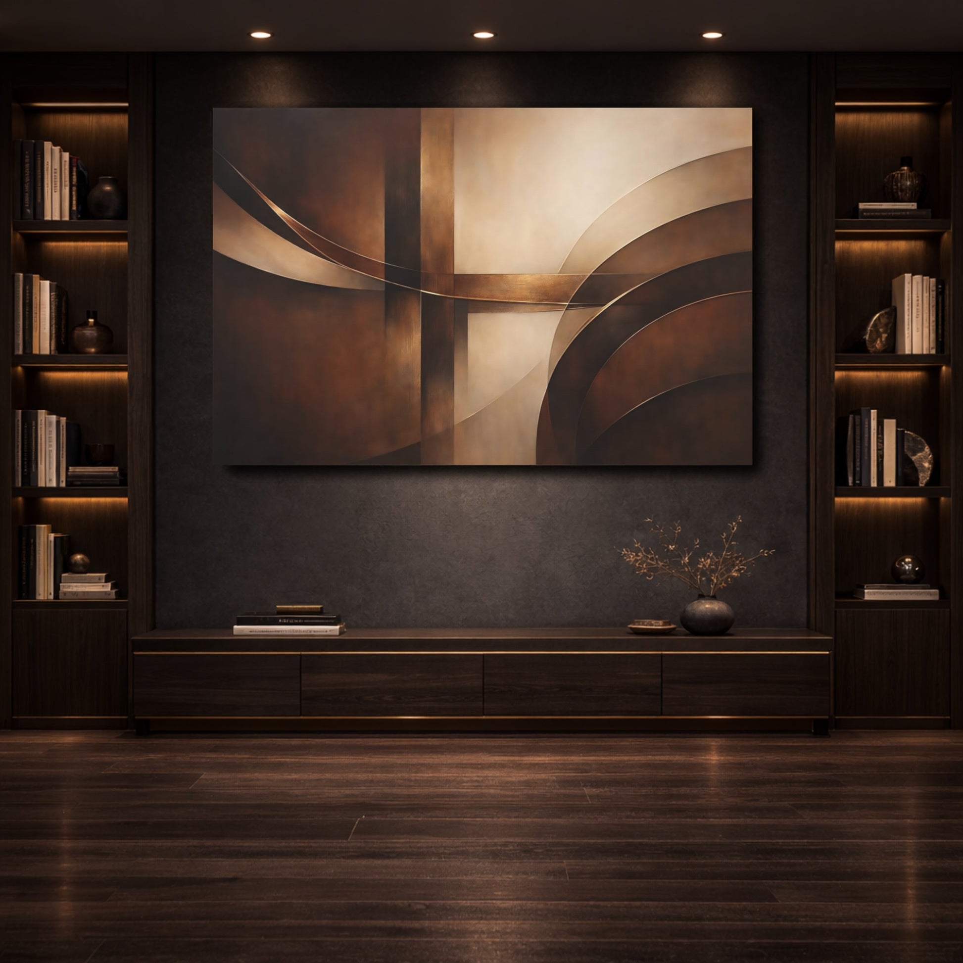 Mockup 3. Abstract Abstract Forms Brown Gold Abstract shown as stretched canvas wall art