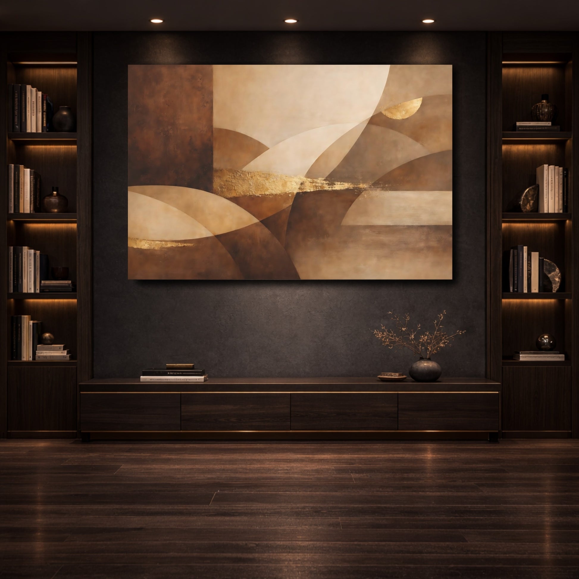 Mockup 3. Abstract Abstract Forms Brown Gold Abstract shown as stretched canvas wall art