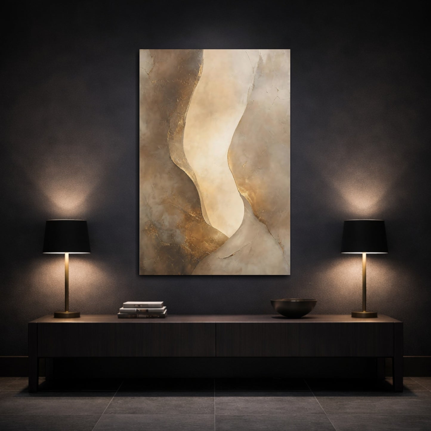 Mockup 3. Abstract Abstract Forms Brown Gold Abstract shown as stretched canvas wall art