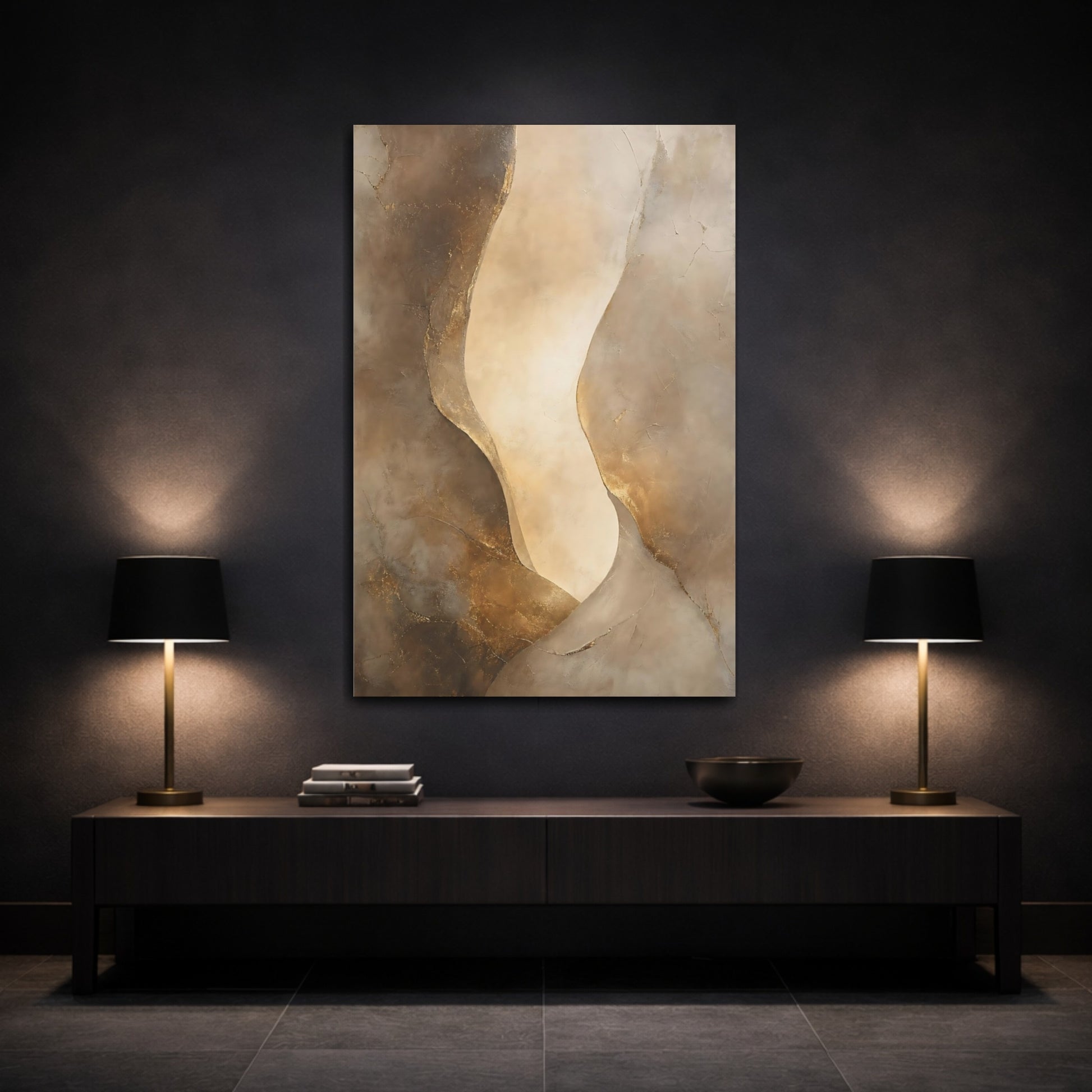 Mockup 3. Abstract Abstract Forms Brown Gold Abstract shown as stretched canvas wall art