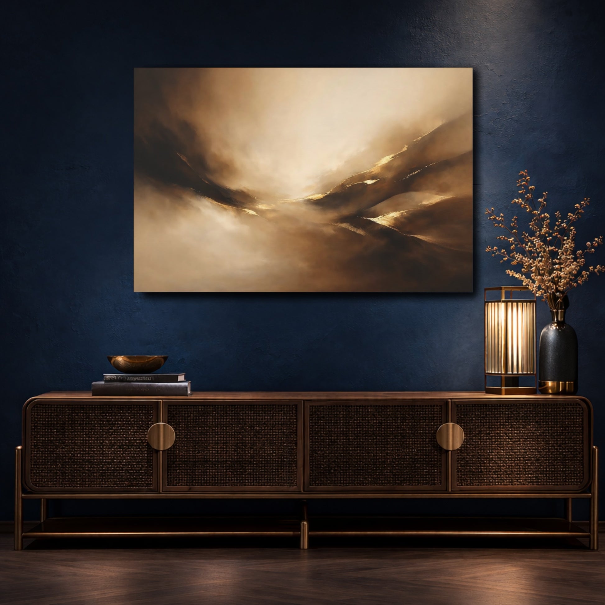 Mockup 4. Abstract Abstract Forms Brown Gold Abstract shown as stretched canvas wall art