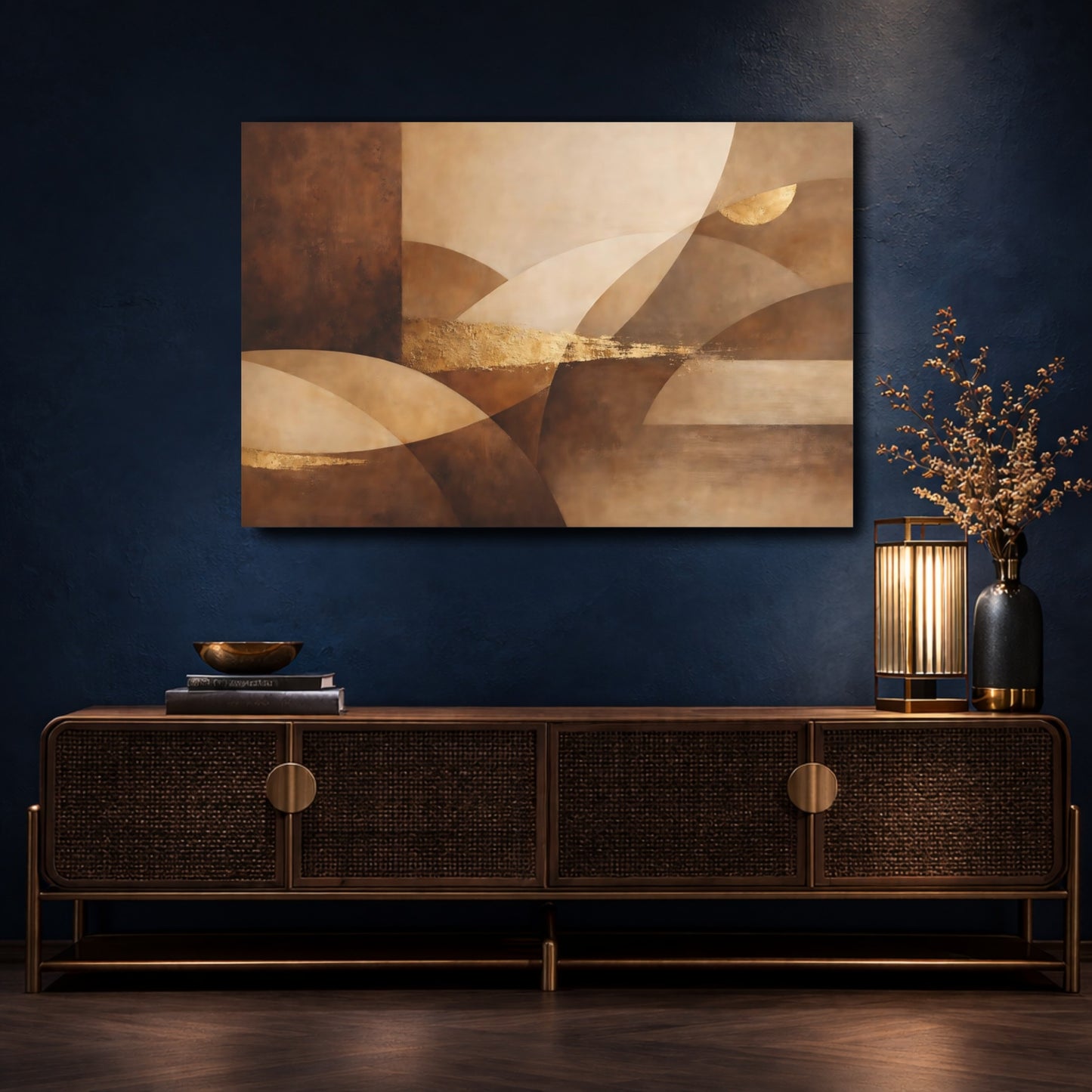 Mockup 4. Abstract Abstract Forms Brown Gold Abstract shown as stretched canvas wall art