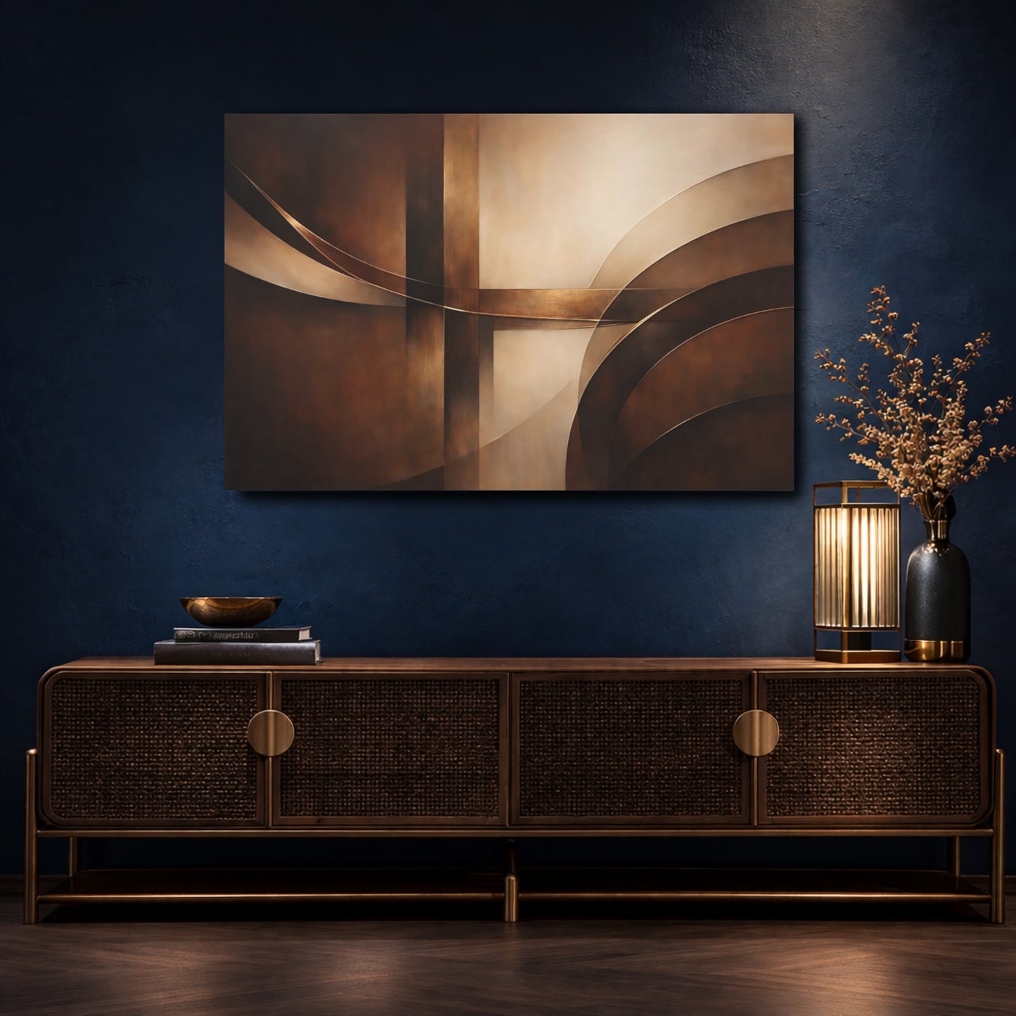 Mockup 4. Abstract Abstract Forms Brown Gold Abstract shown as stretched canvas wall art