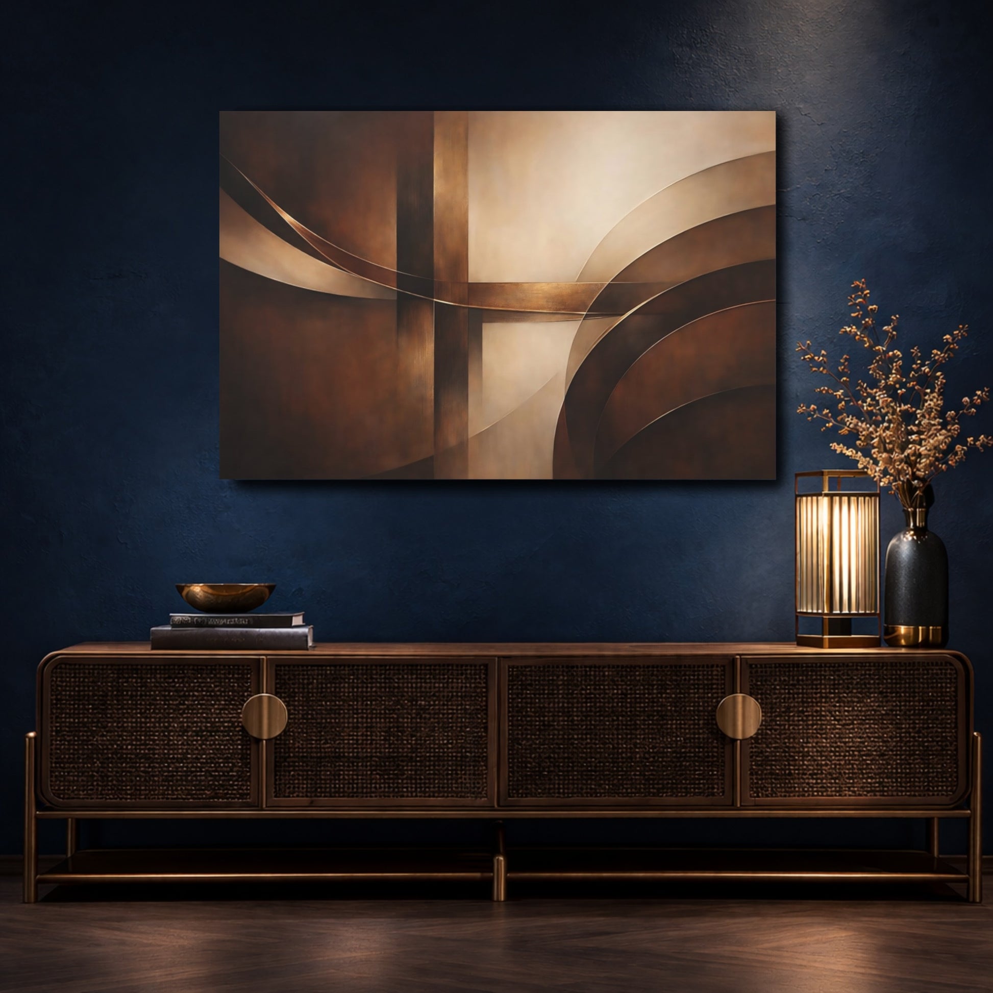 Mockup 4. Abstract Abstract Forms Brown Gold Abstract shown as stretched canvas wall art