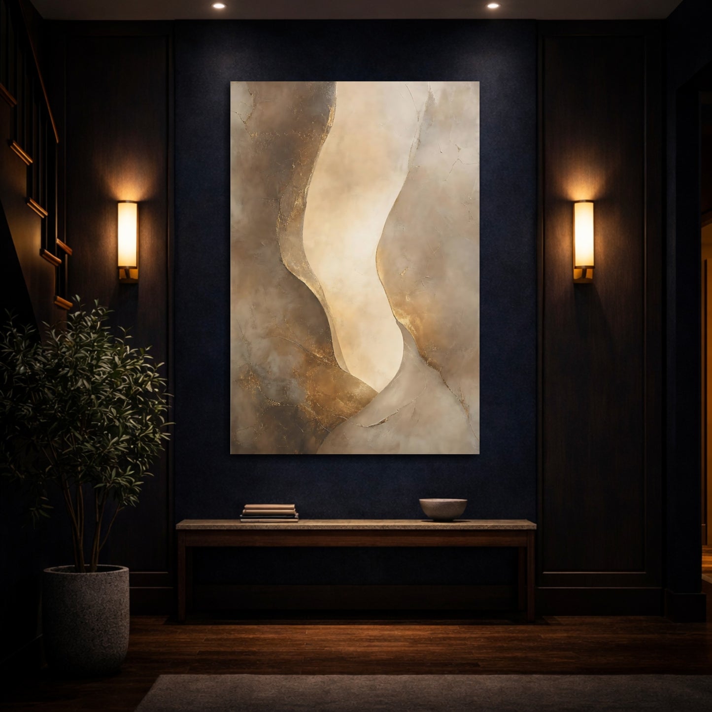 Mockup 4. Abstract Abstract Forms Brown Gold Abstract shown as stretched canvas wall art