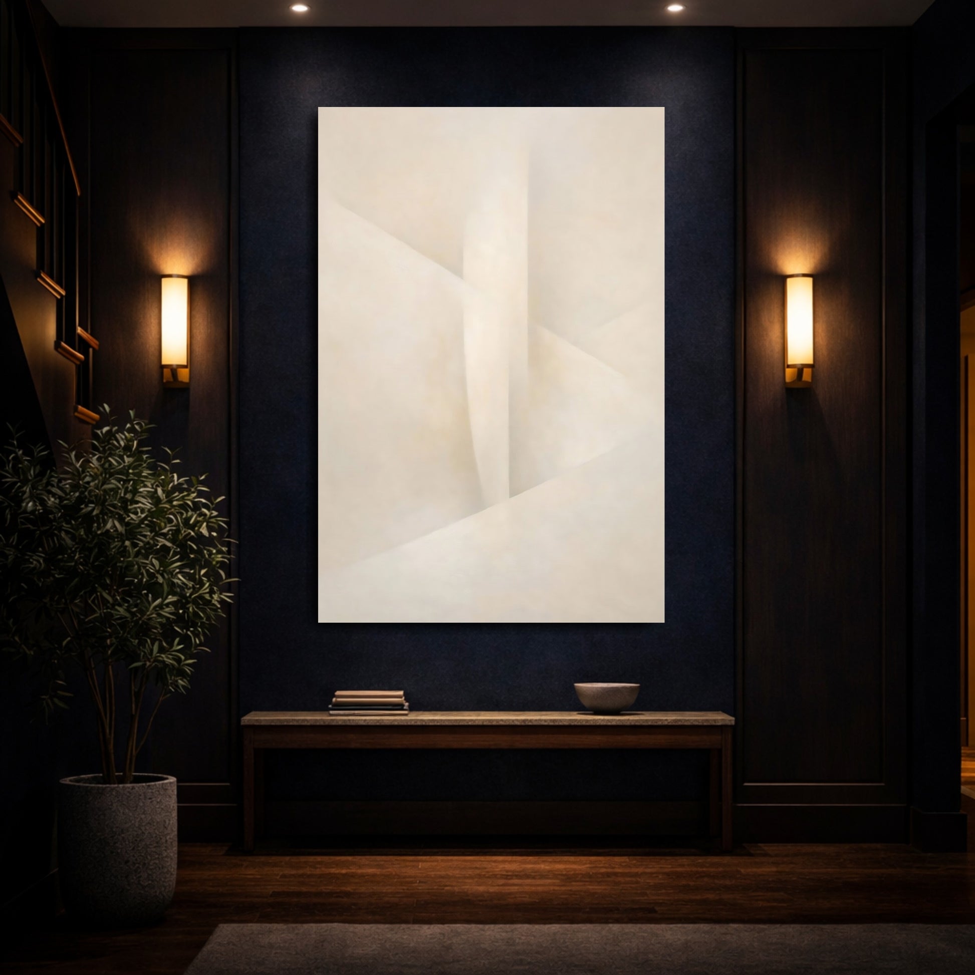 Mockup 3. Abstract Abstract Forms Cream And Beige shown as stretched canvas wall art