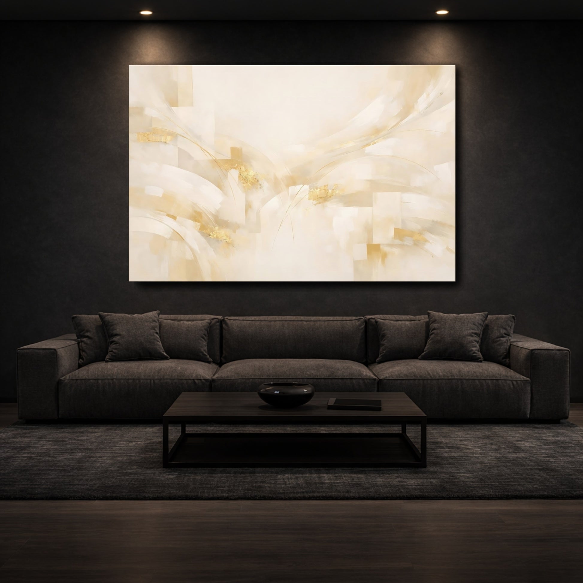 Mockup 2. Abstract Abstract Forms Cream And Gold shown as stretched canvas wall art