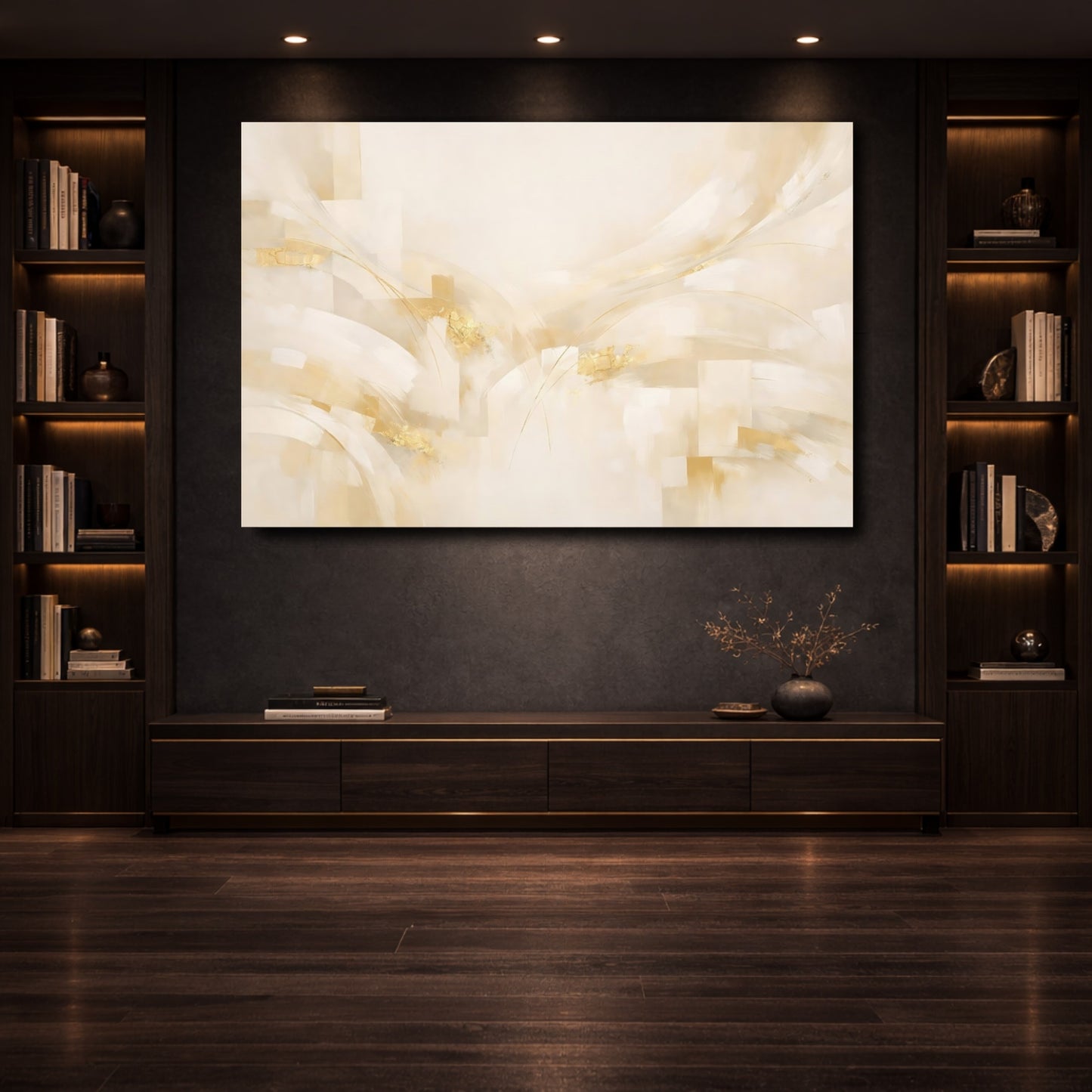 Mockup 3. Abstract Abstract Forms Cream And Gold shown as stretched canvas wall art