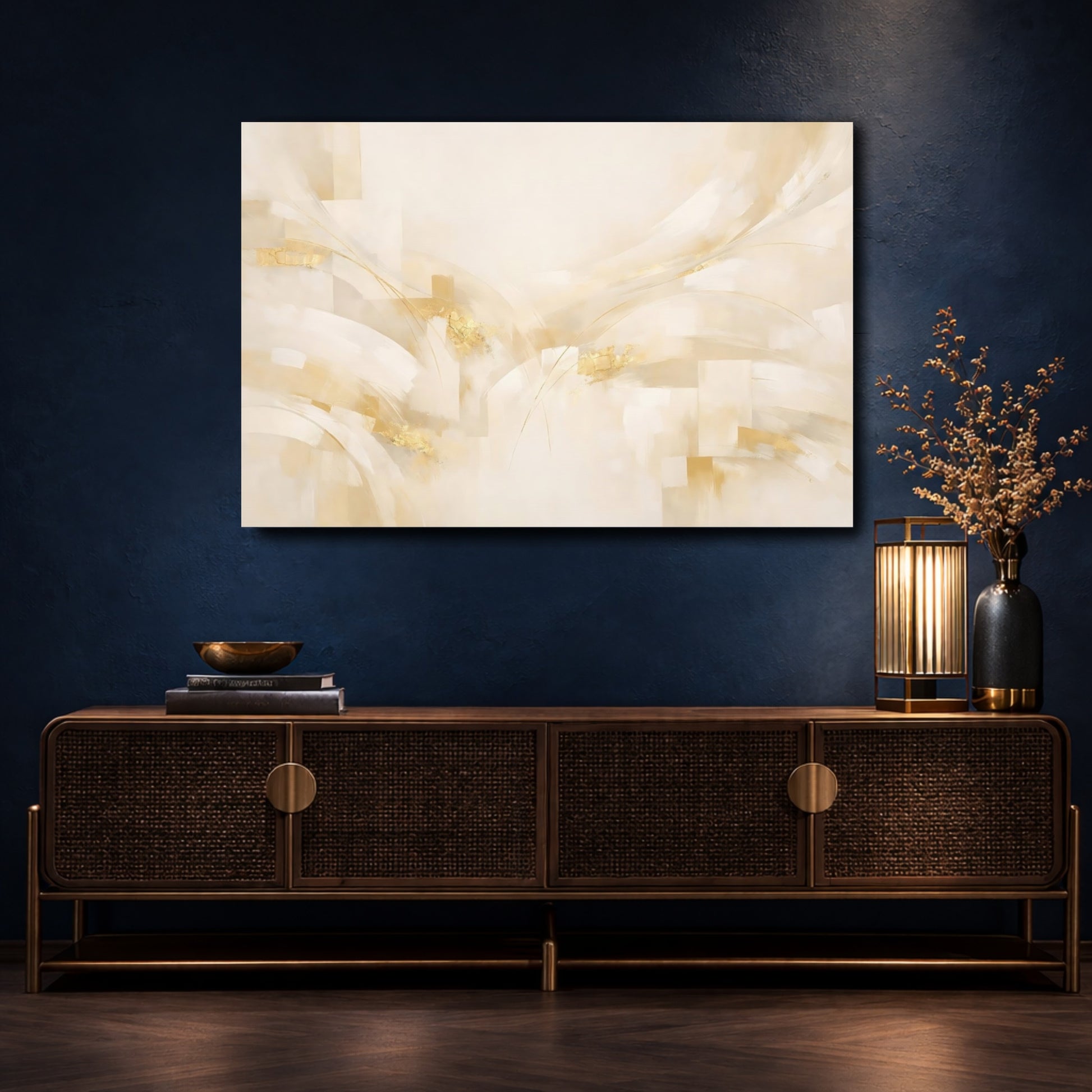 Mockup 4. Abstract Abstract Forms Cream And Gold shown as stretched canvas wall art