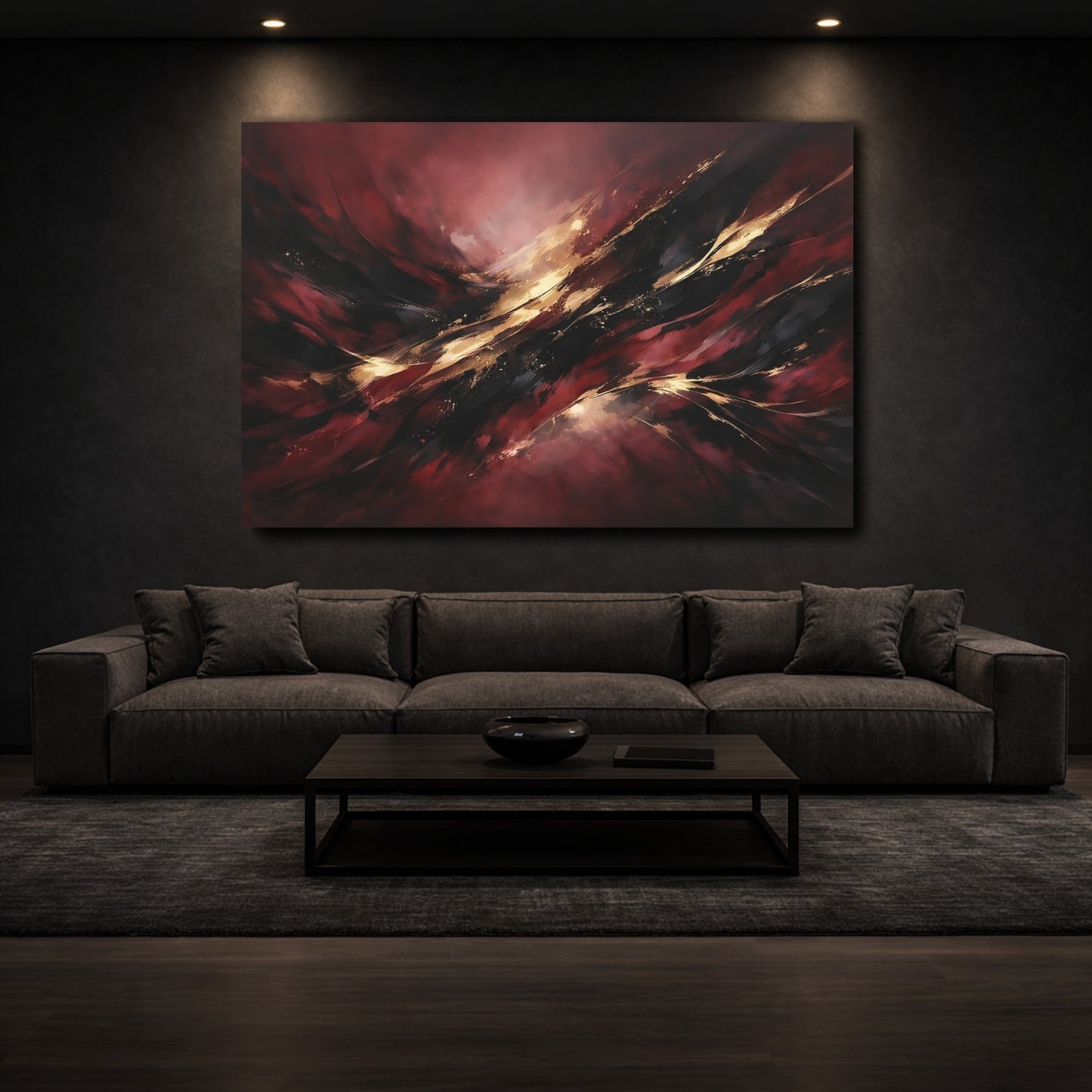 Mockup 2. Abstract Abstract Forms Dark Red Gold shown as stretched canvas wall art
