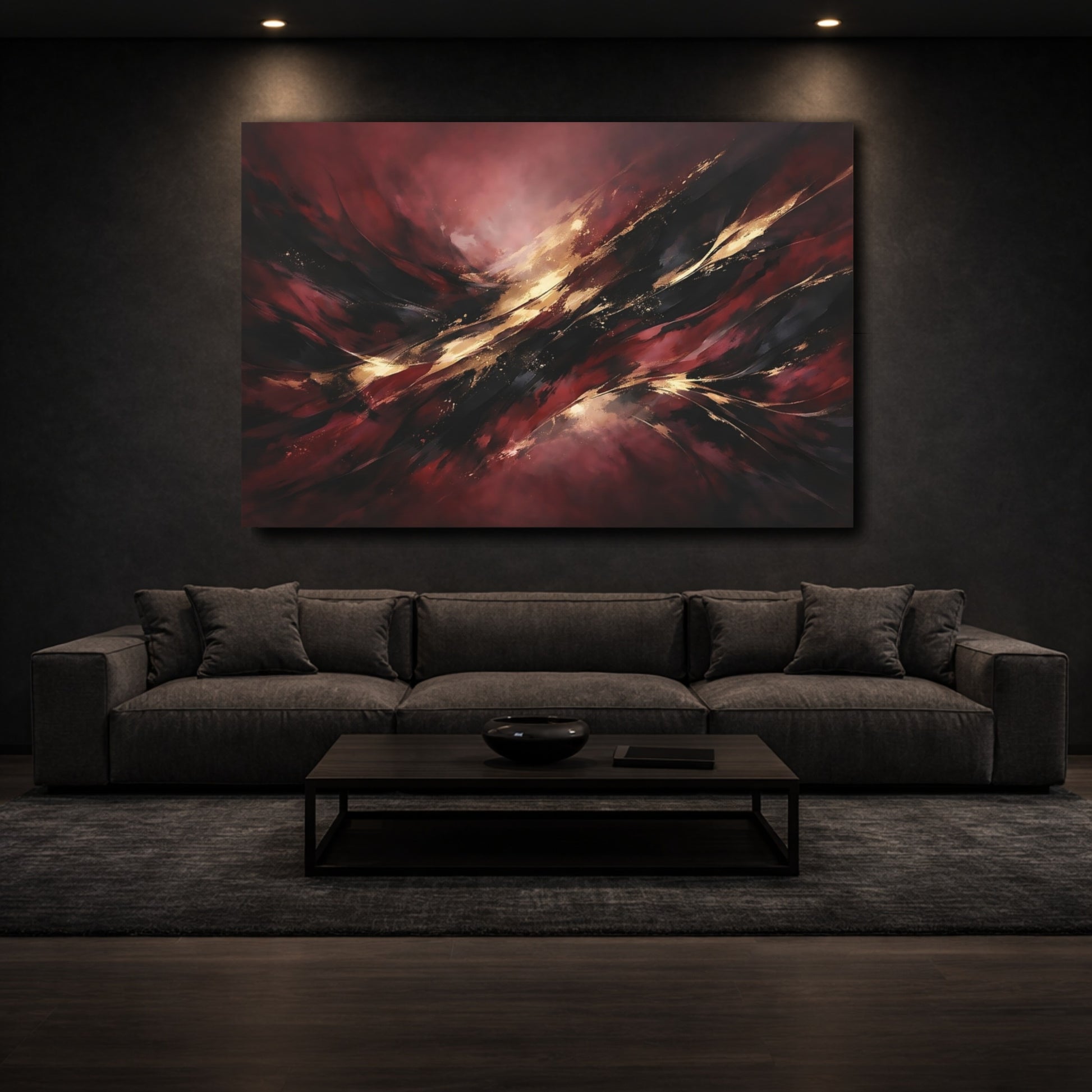 Mockup 2. Abstract Abstract Forms Dark Red Gold shown as stretched canvas wall art