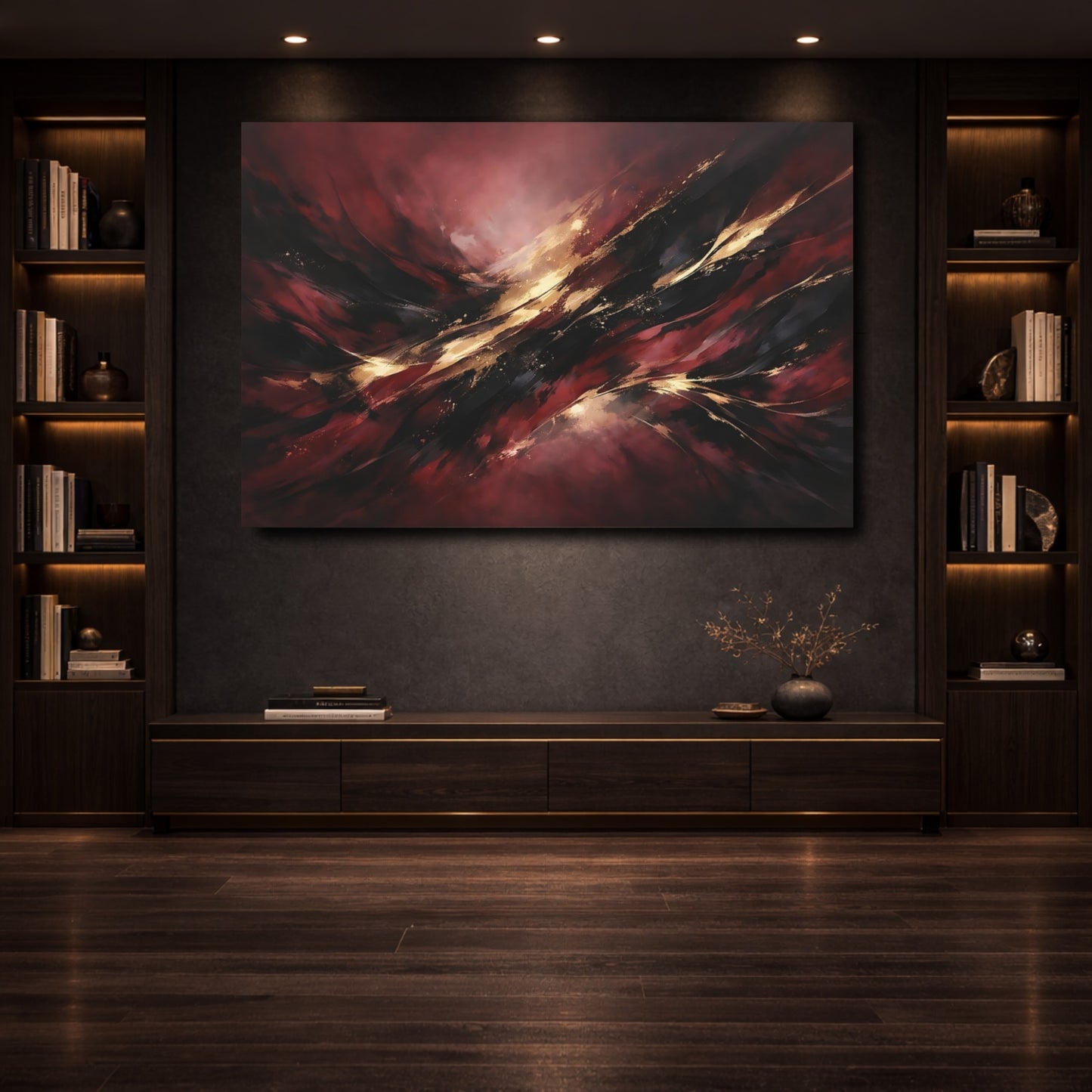 Mockup 3. Abstract Abstract Forms Dark Red Gold shown as stretched canvas wall art