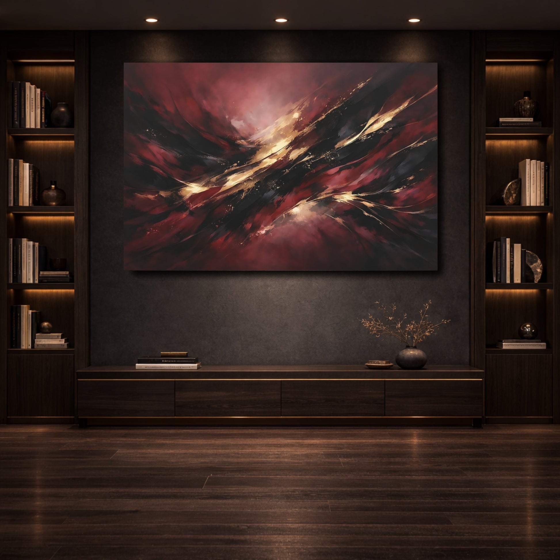 Mockup 3. Abstract Abstract Forms Dark Red Gold shown as stretched canvas wall art