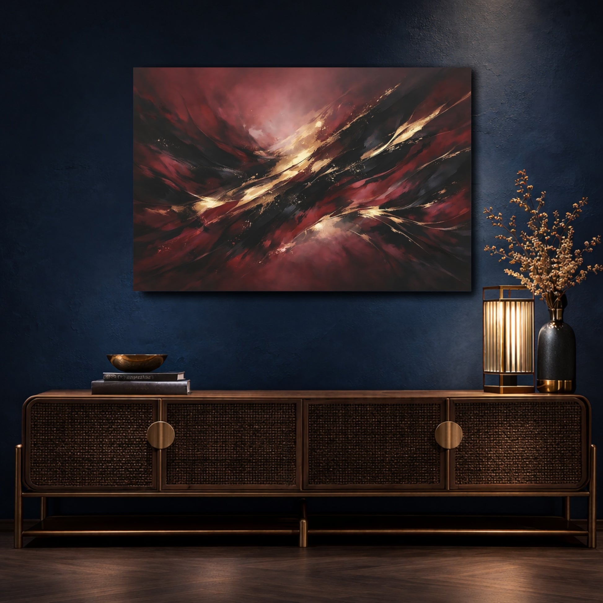 Mockup 4. Abstract Abstract Forms Dark Red Gold shown as stretched canvas wall art