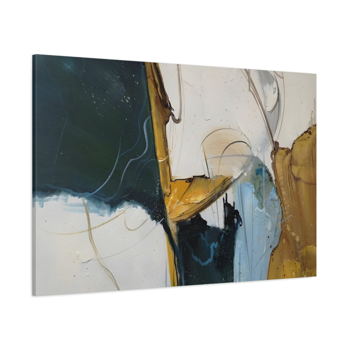 Abstract Abstract Forms Dark Teal Gold shown as stretched canvas wall art