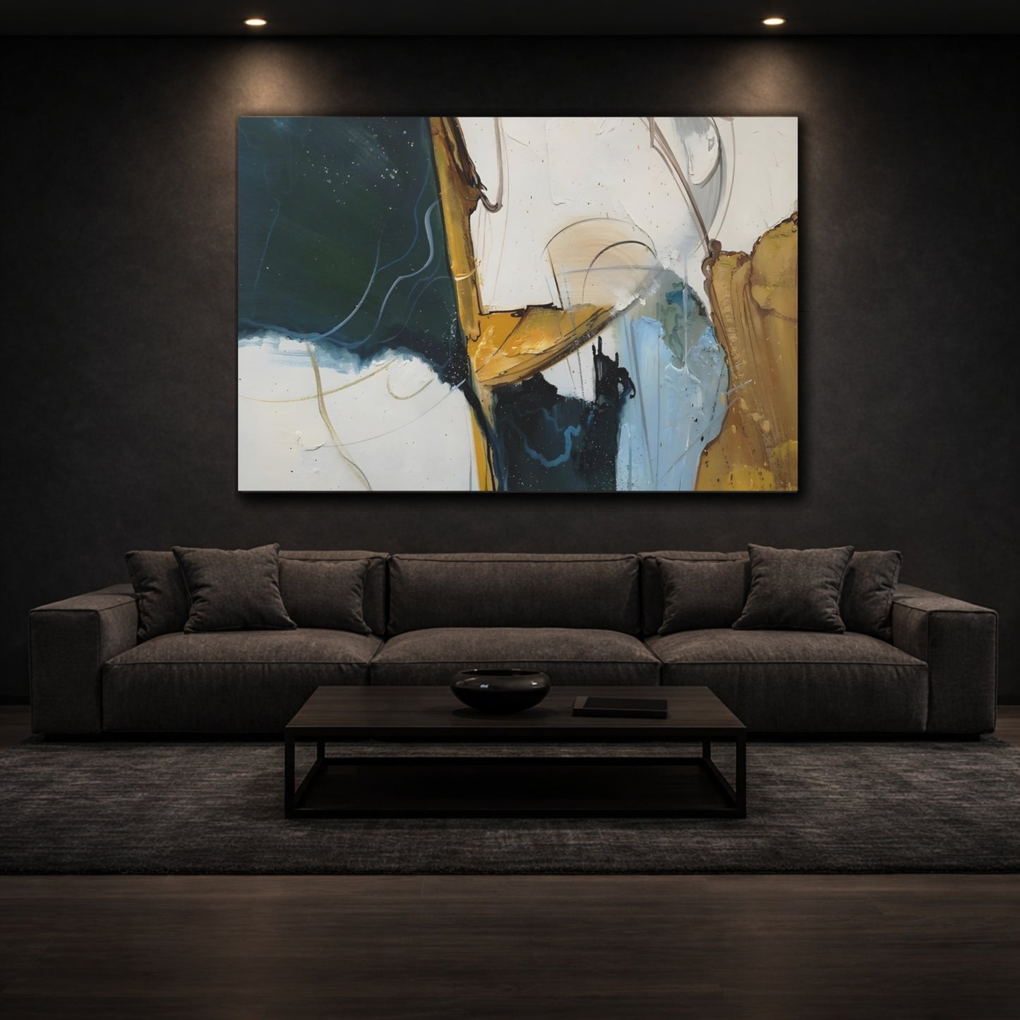 Abstract Abstract Forms Dark Teal Gold shown as front canvas room wall art