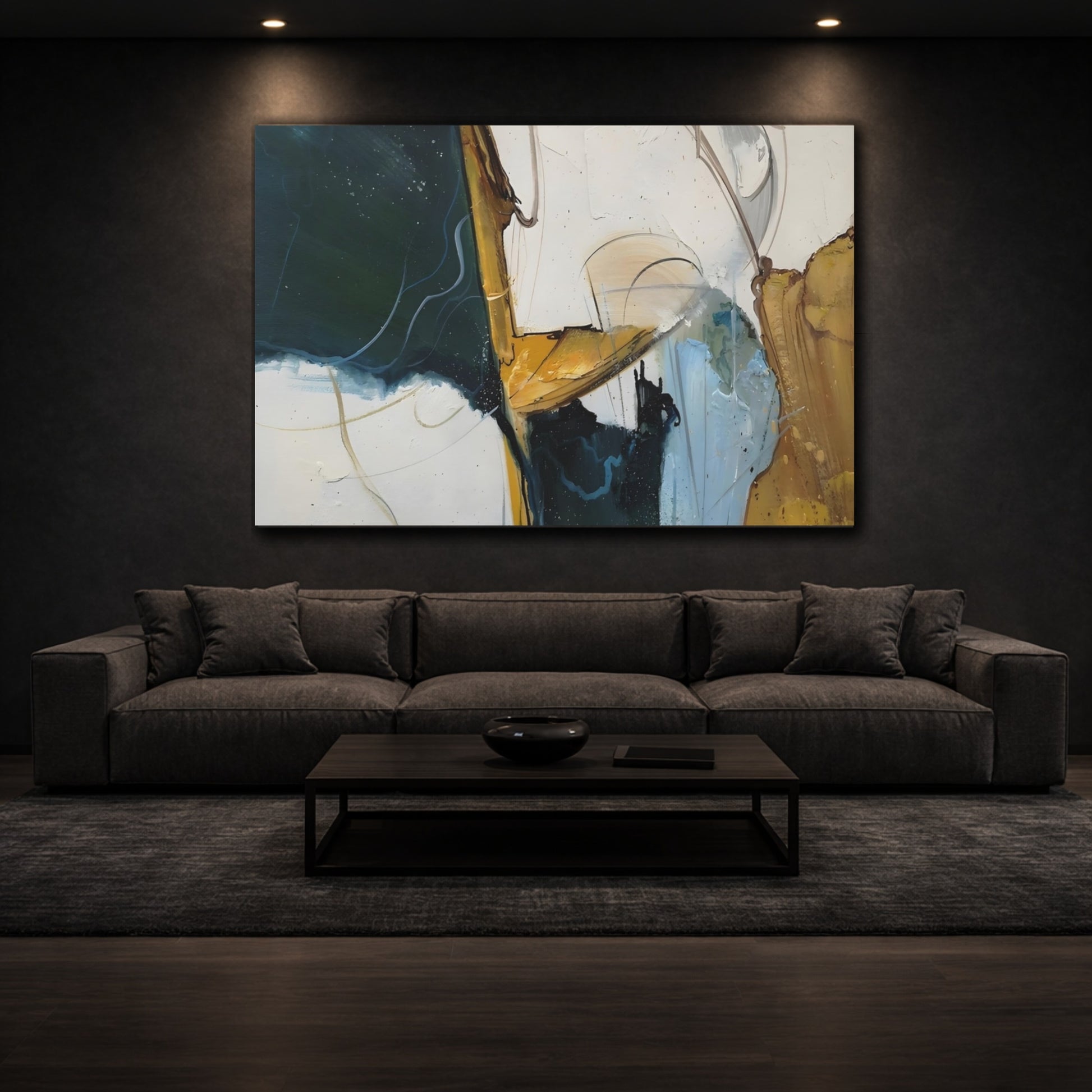 Abstract Abstract Forms Dark Teal Gold shown as front canvas room wall art