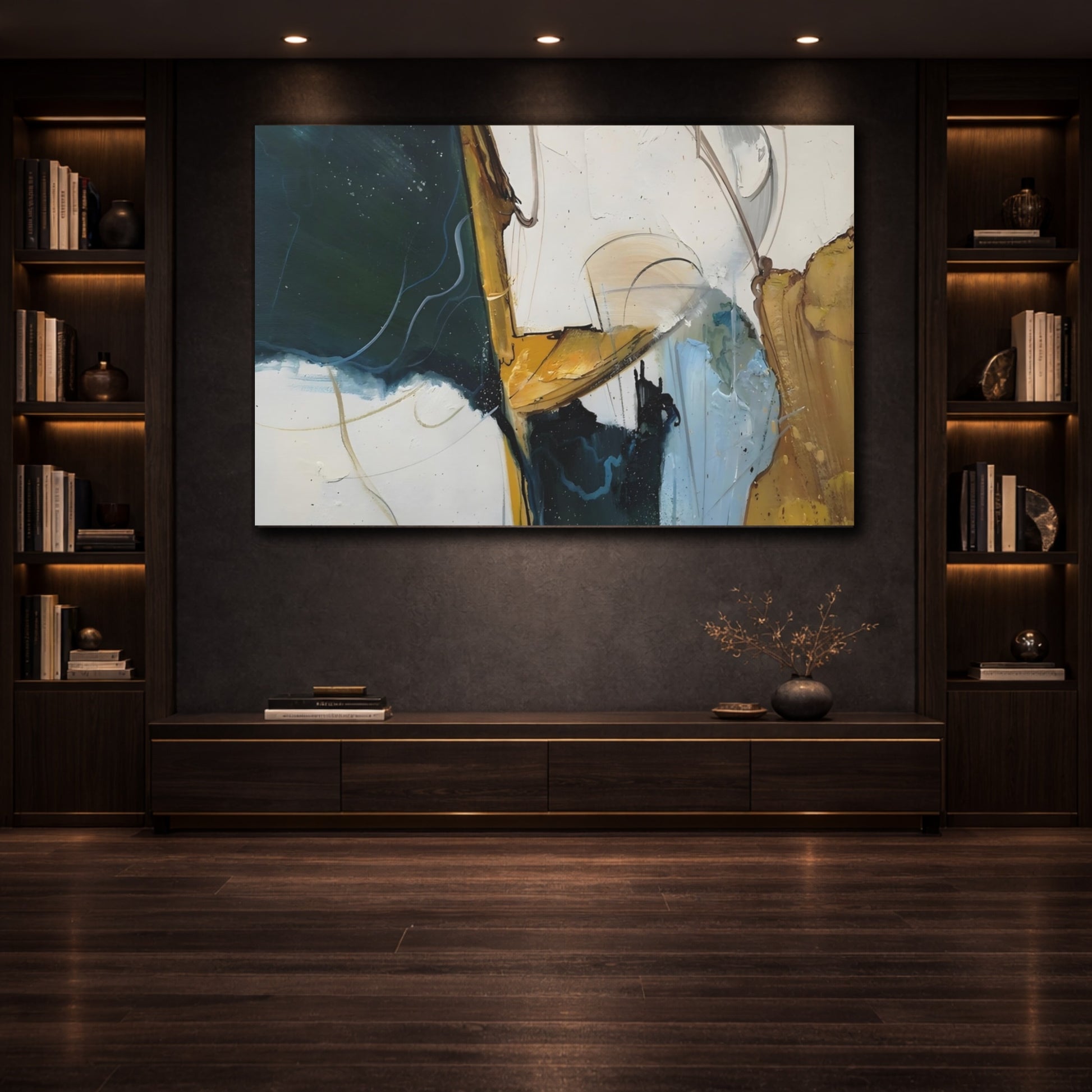 Abstract Abstract Forms Dark Teal Gold shown as front canvas room wall art