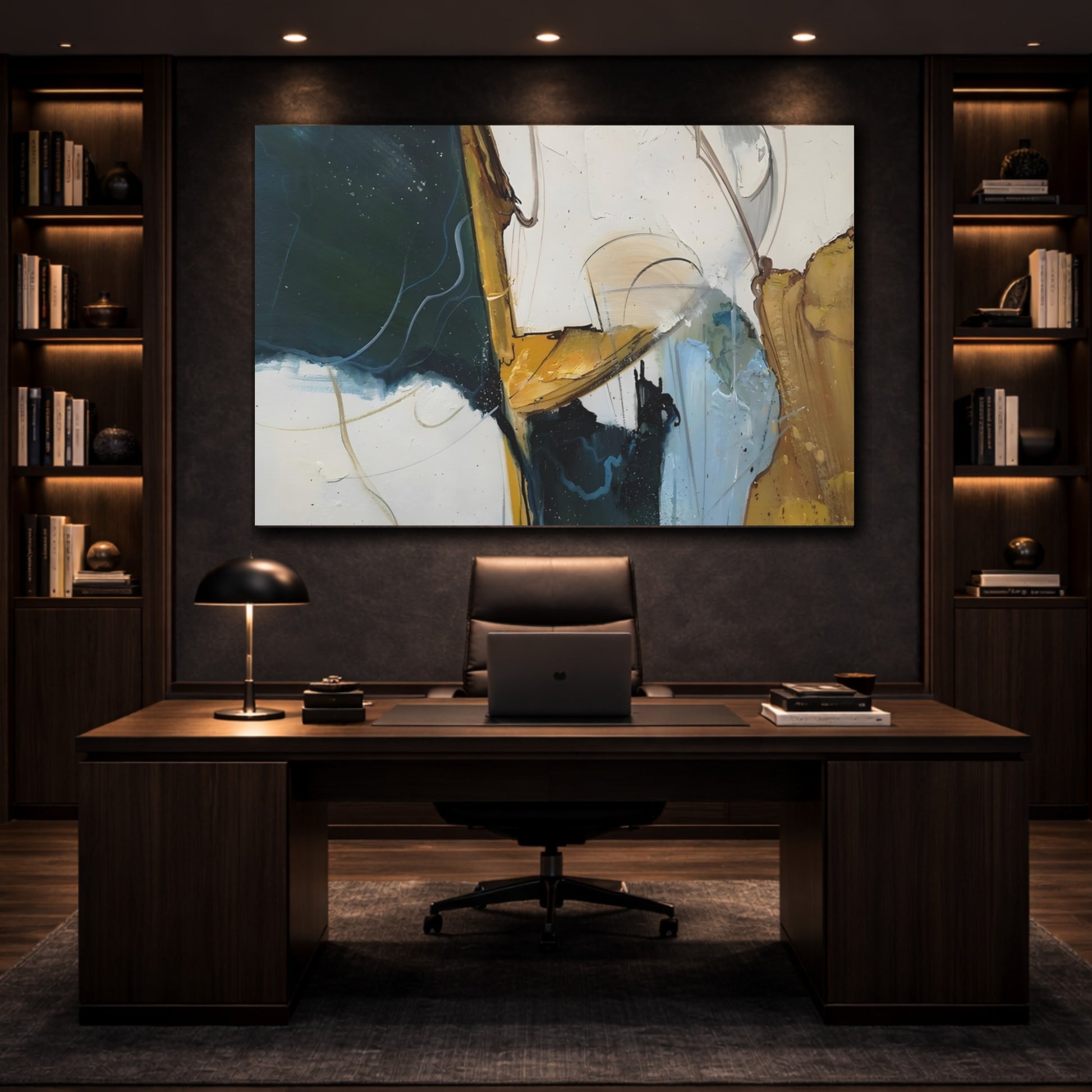 Abstract Abstract Forms Dark Teal Gold shown as front canvas room wall art