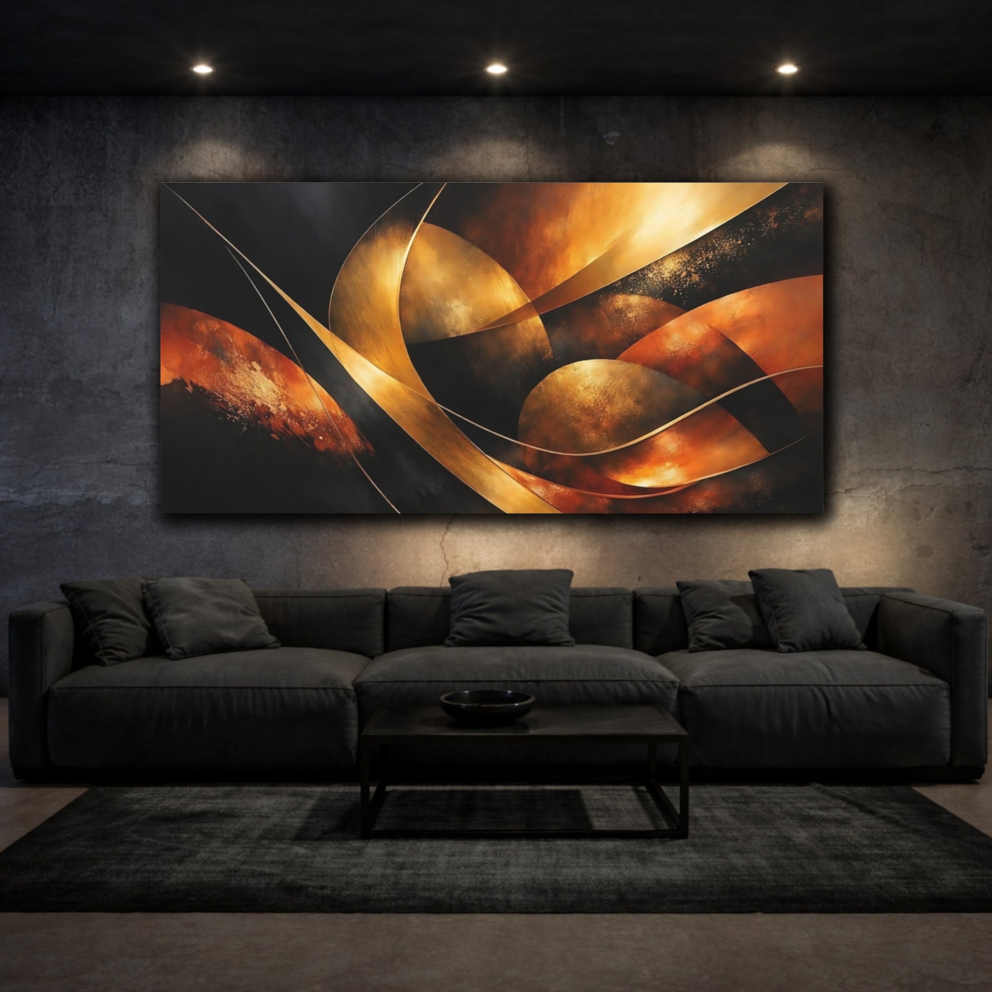 Mockup 2. Abstract Abstract Forms Gold And Black shown as stretched canvas wall art