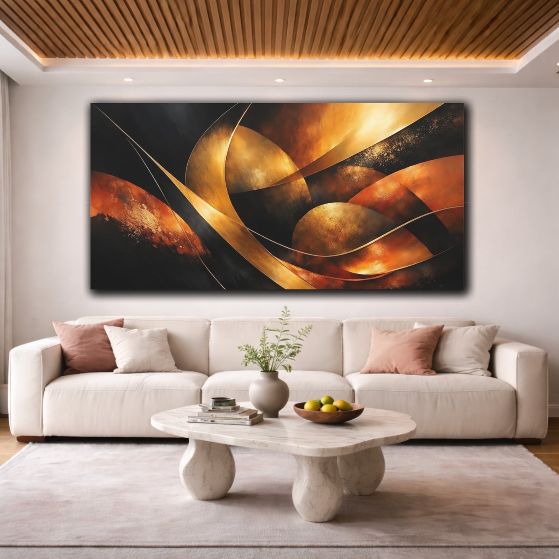 Mockup 3. Abstract Abstract Forms Gold And Black shown as stretched canvas wall art