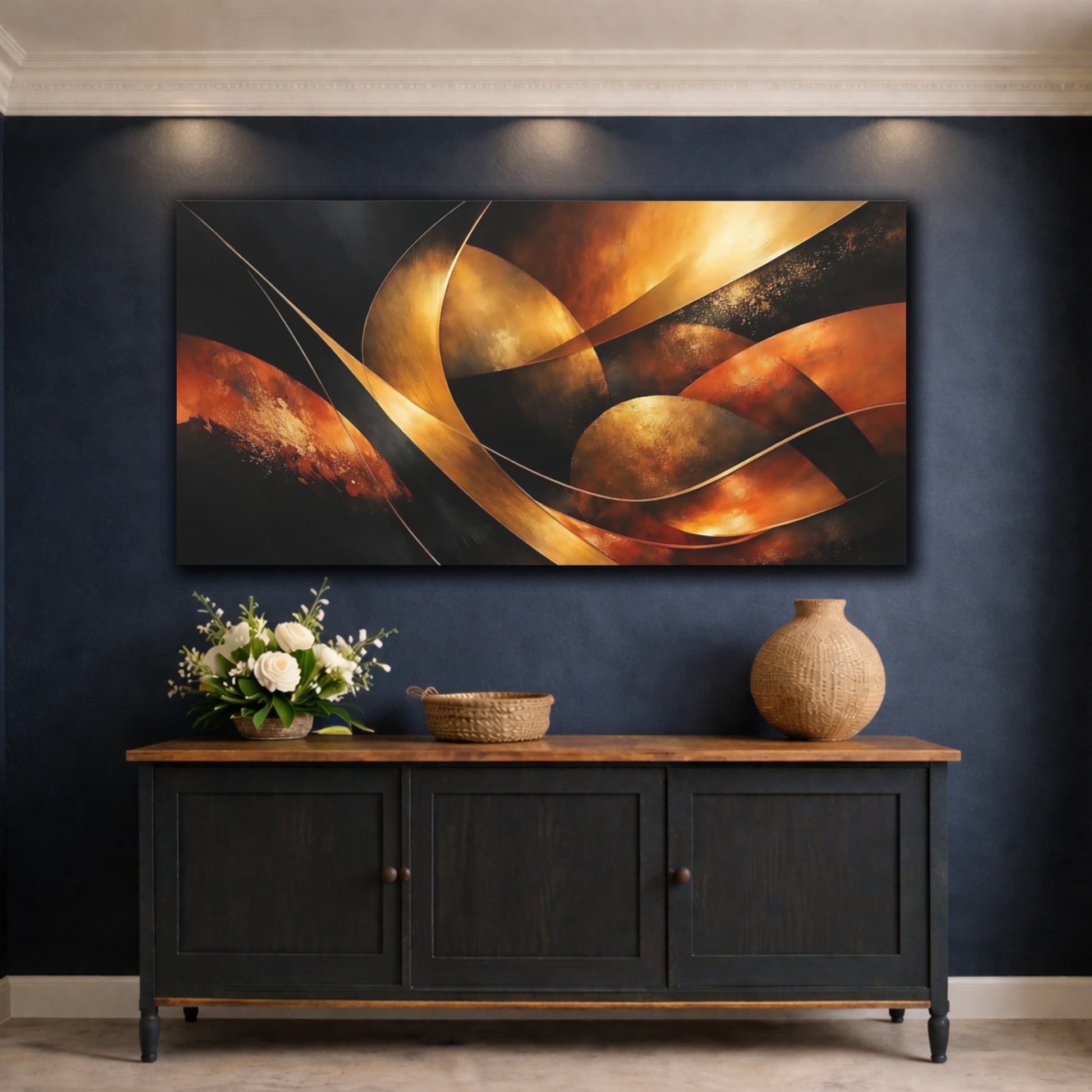 Mockup 4. Abstract Abstract Forms Gold And Black shown as stretched canvas wall art