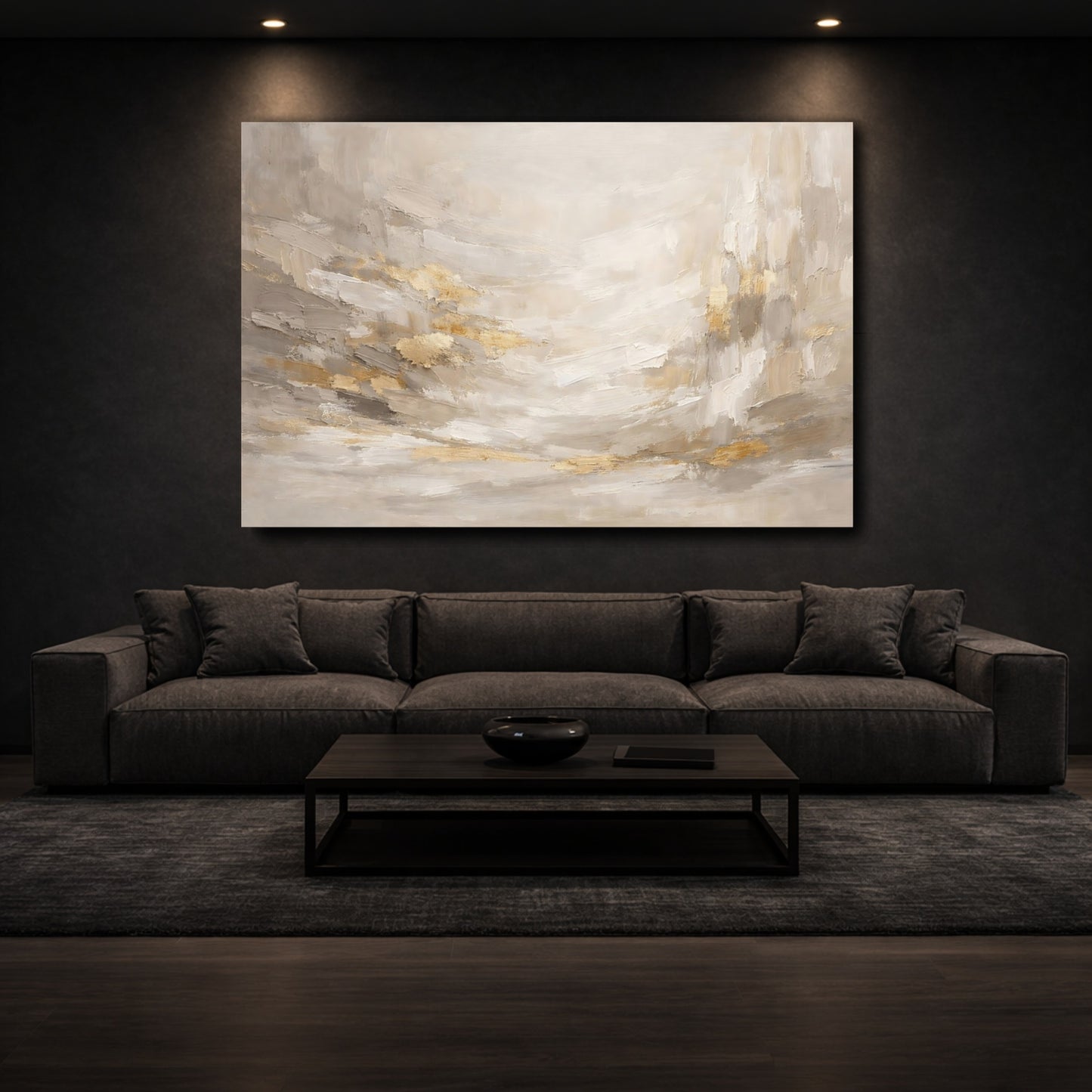 Mockup 2. Abstract Abstract Forms Gold And Gray Abstract shown as stretched canvas wall art