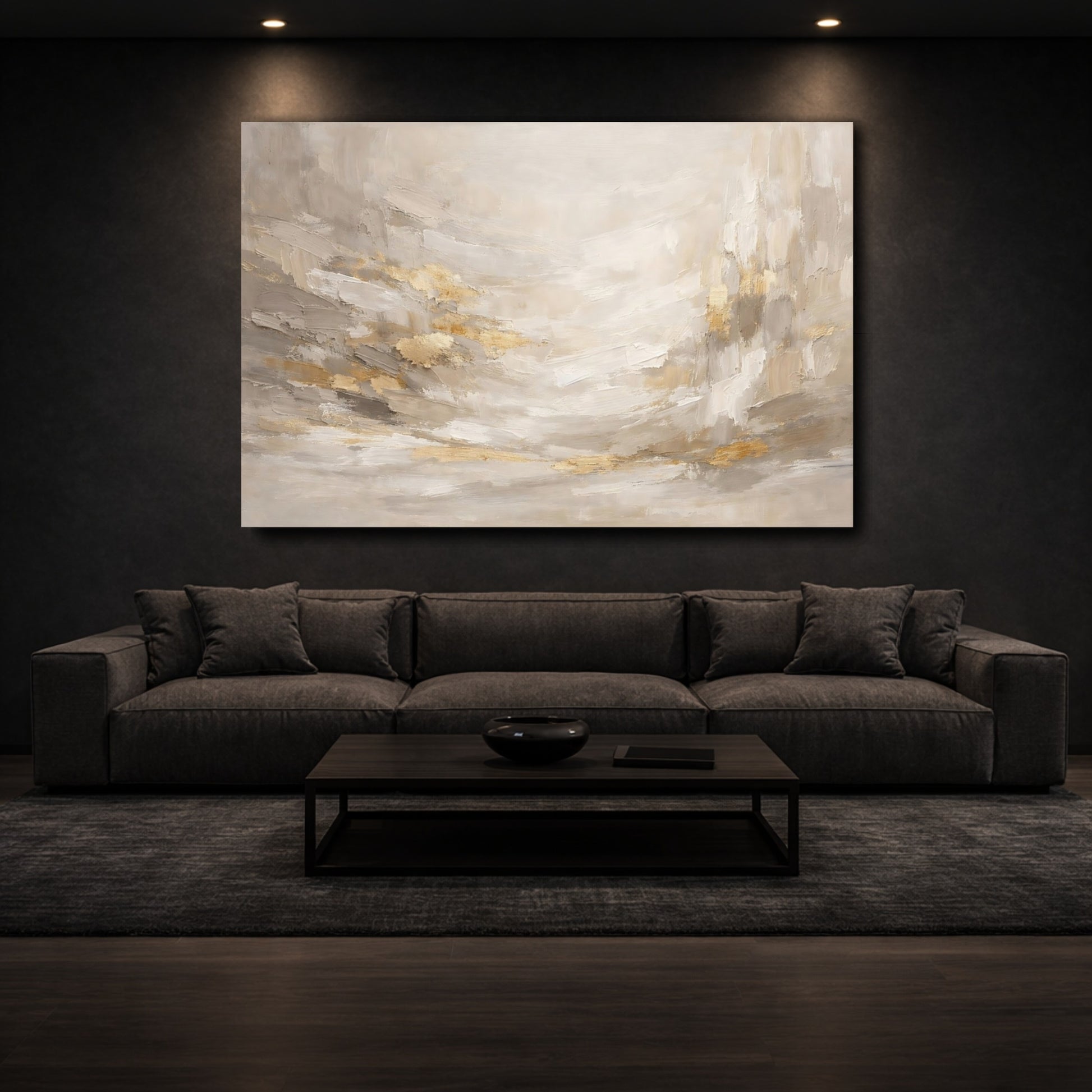 Mockup 2. Abstract Abstract Forms Gold And Gray Abstract shown as stretched canvas wall art