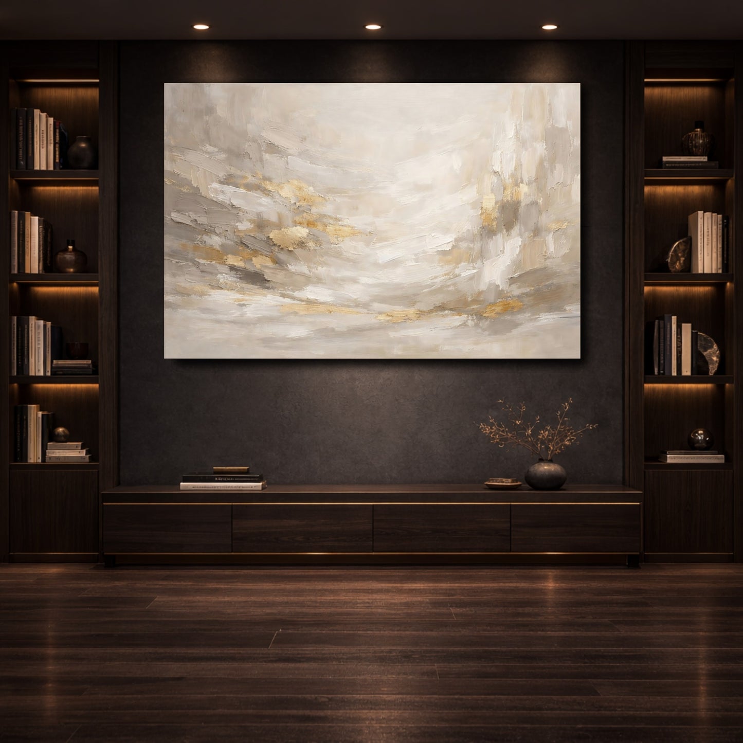Mockup 3. Abstract Abstract Forms Gold And Gray Abstract shown as stretched canvas wall art