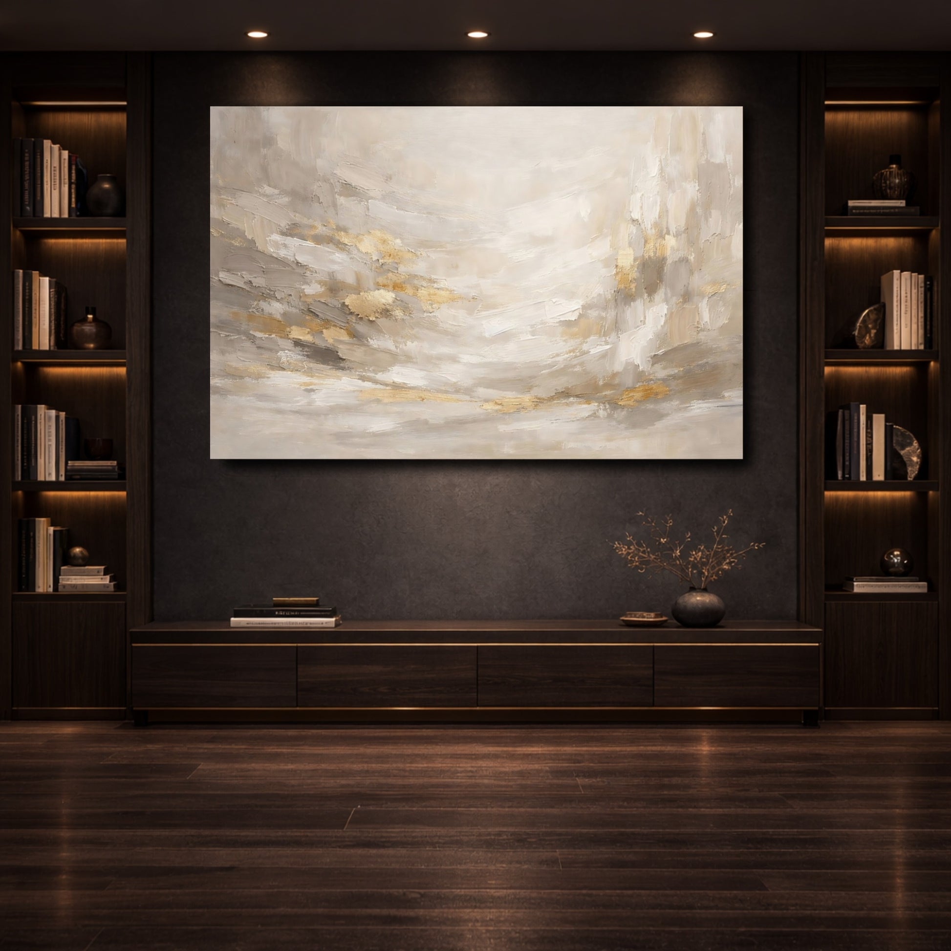 Mockup 3. Abstract Abstract Forms Gold And Gray Abstract shown as stretched canvas wall art
