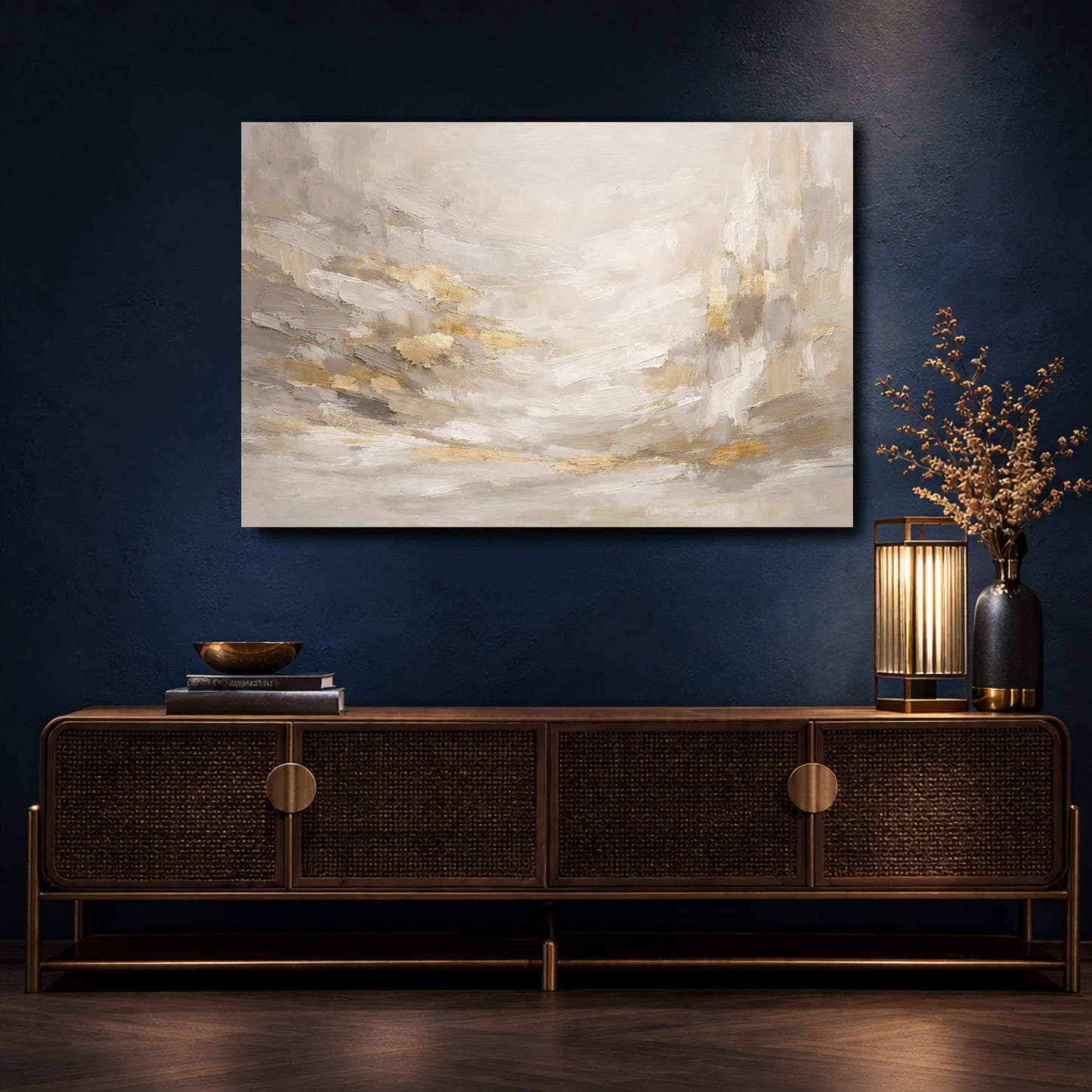 Mockup 4. Abstract Abstract Forms Gold And Gray Abstract shown as stretched canvas wall art