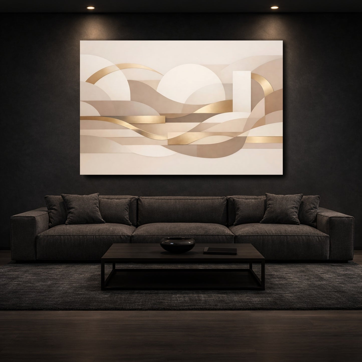 Mockup 2. Abstract Abstract Forms Gold And Neutral Abstract shown as stretched canvas wall art
