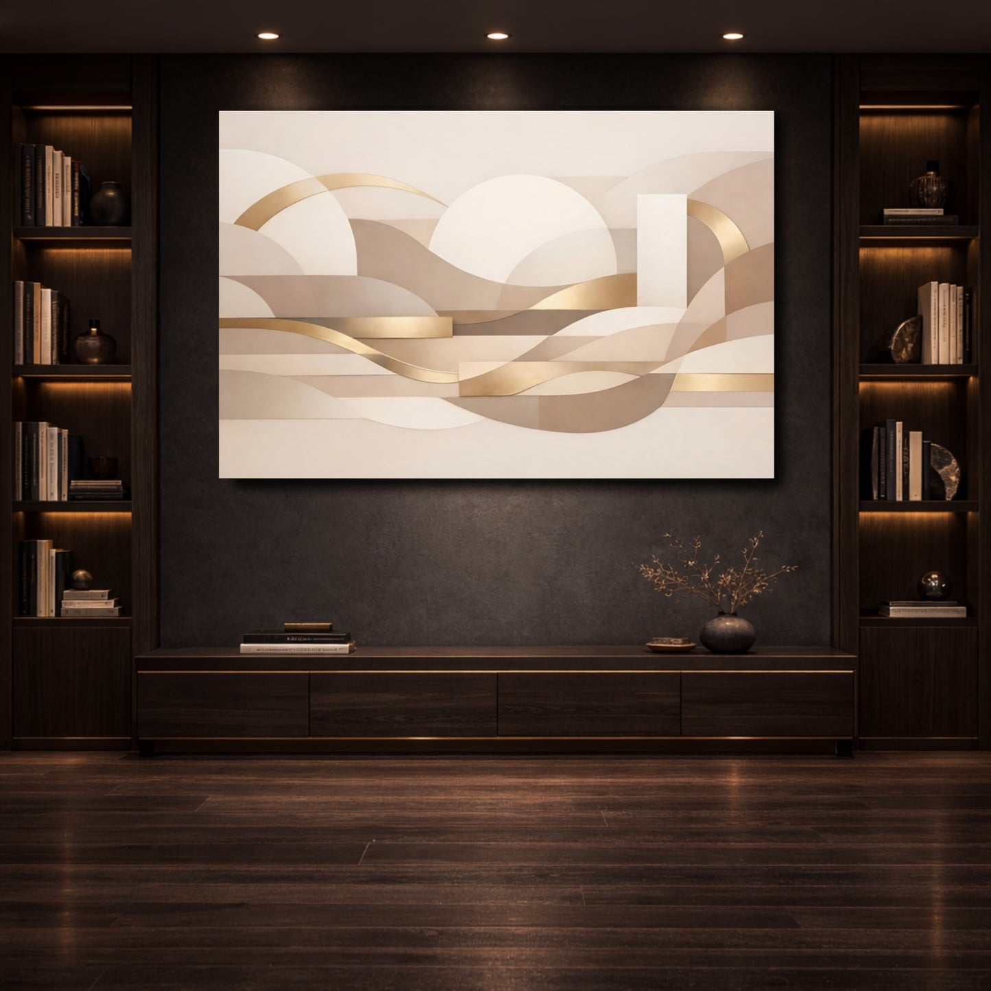 Mockup 3. Abstract Abstract Forms Gold And Neutral Abstract shown as stretched canvas wall art