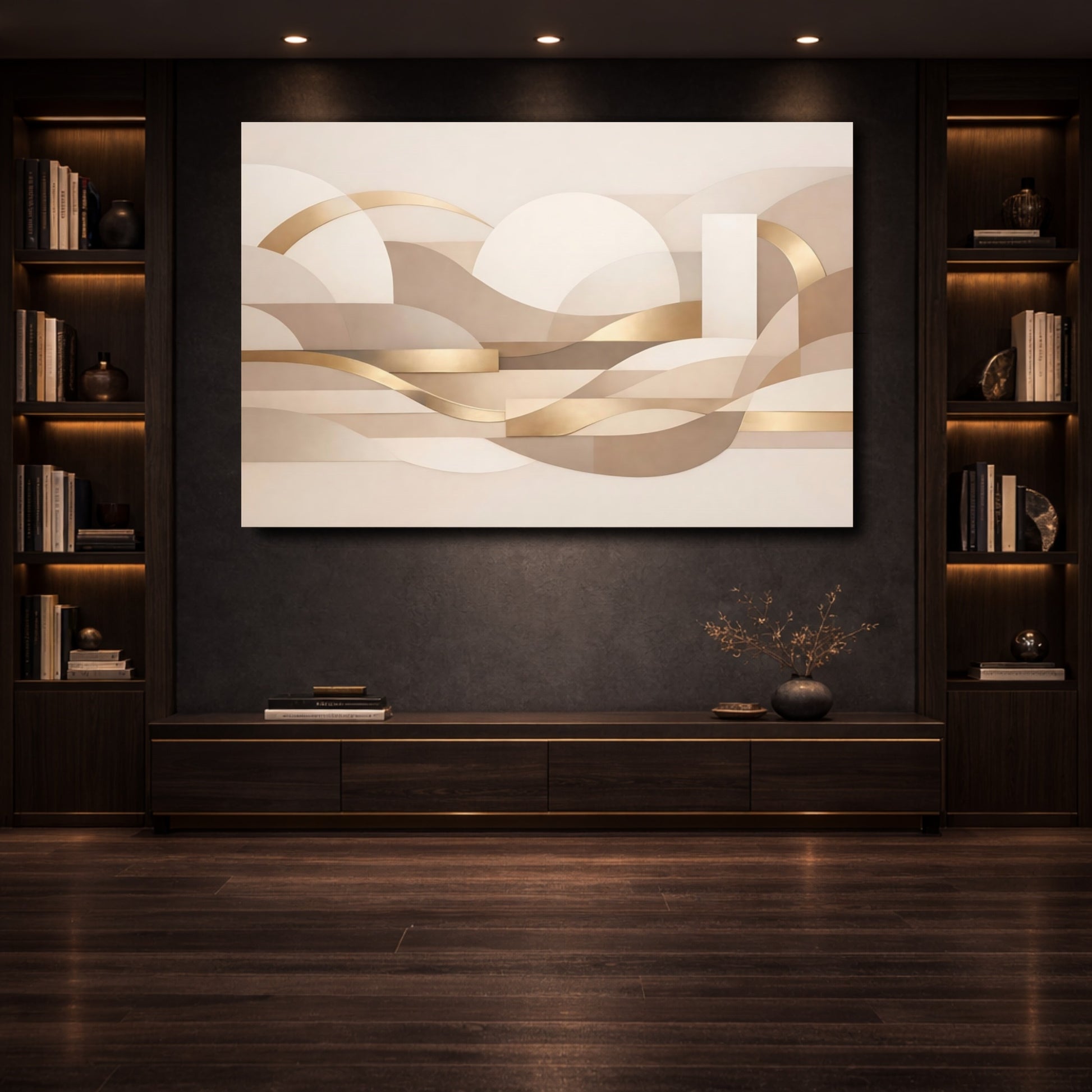 Mockup 3. Abstract Abstract Forms Gold And Neutral Abstract shown as stretched canvas wall art