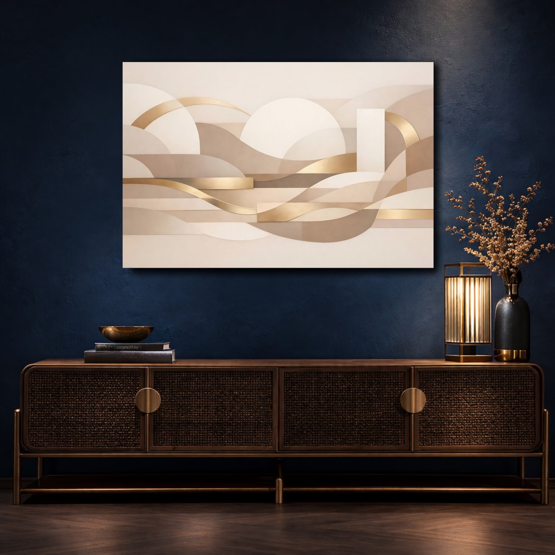 Mockup 4. Abstract Abstract Forms Gold And Neutral Abstract shown as stretched canvas wall art