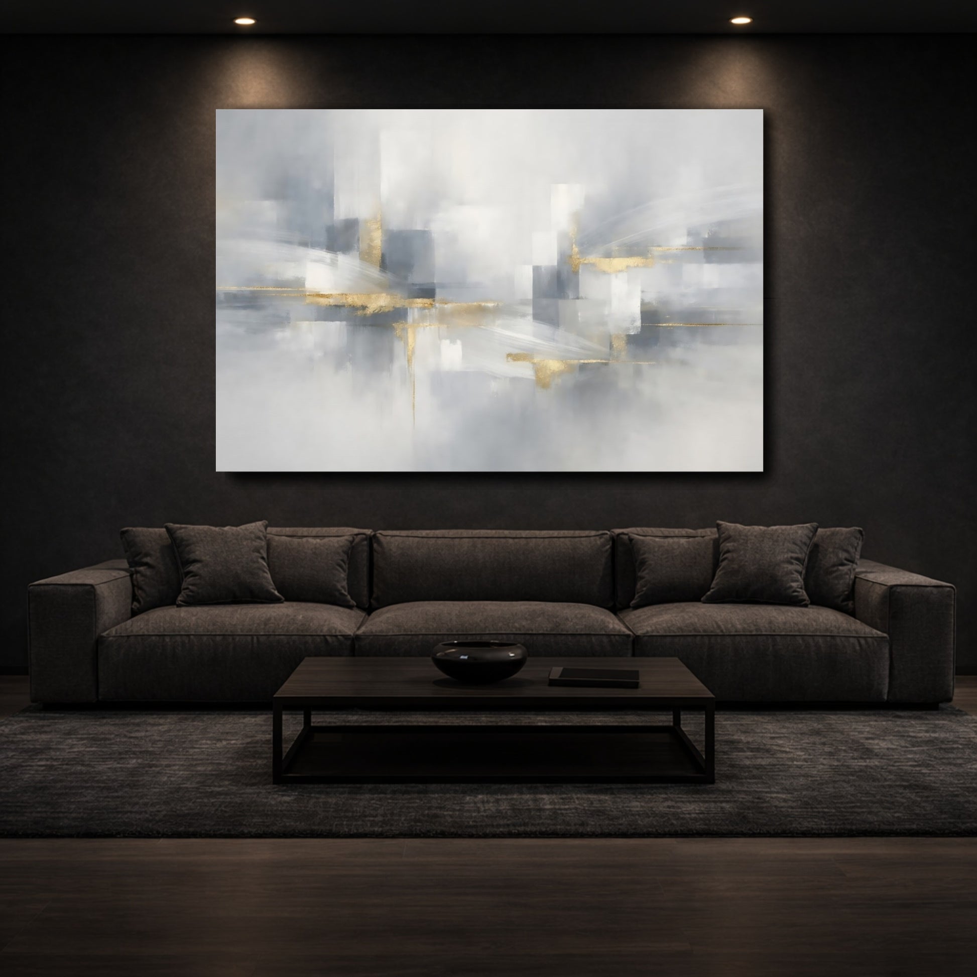 Mockup 2. Abstract Abstract Forms Gray And Gold Abstract shown as stretched canvas wall art