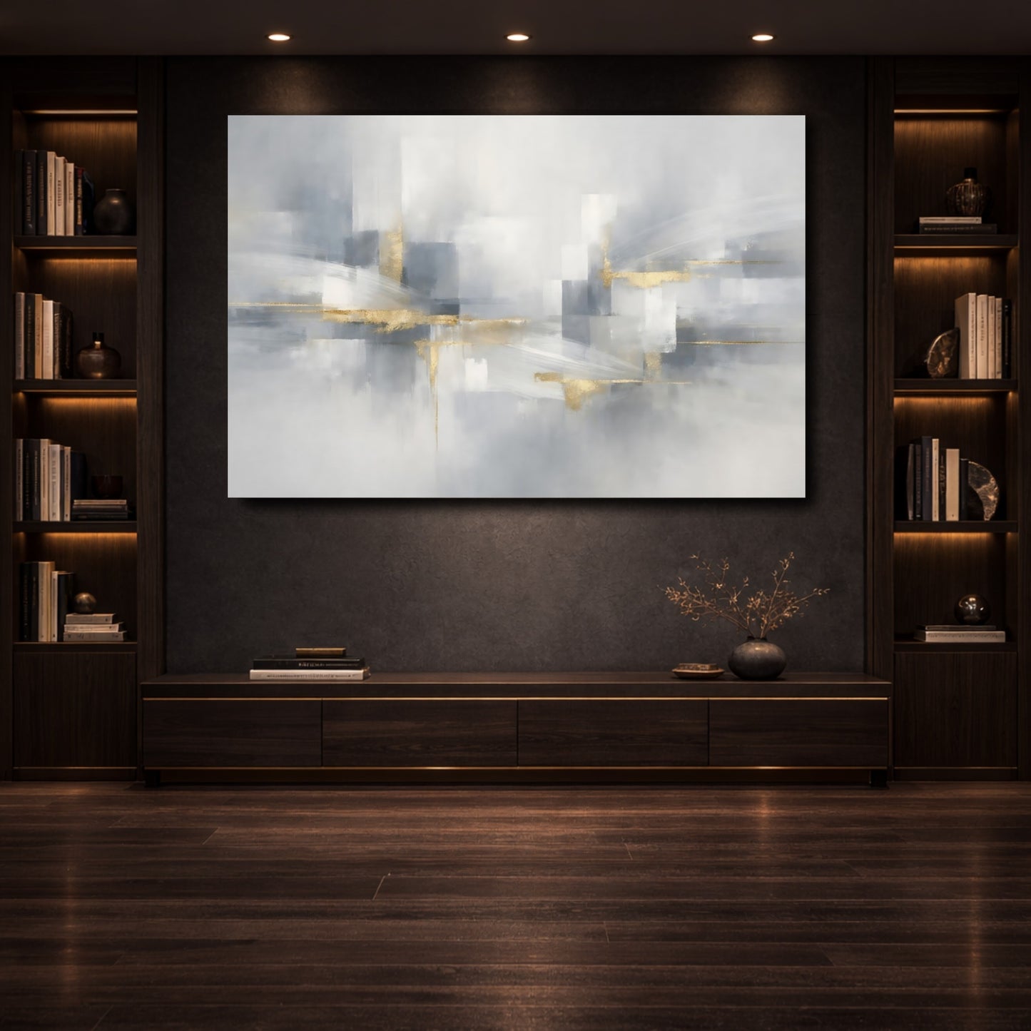 Mockup 3. Abstract Abstract Forms Gray And Gold Abstract shown as stretched canvas wall art