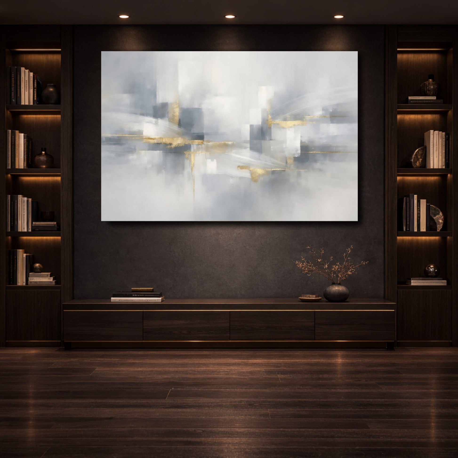 Mockup 3. Abstract Abstract Forms Gray And Gold Abstract shown as stretched canvas wall art
