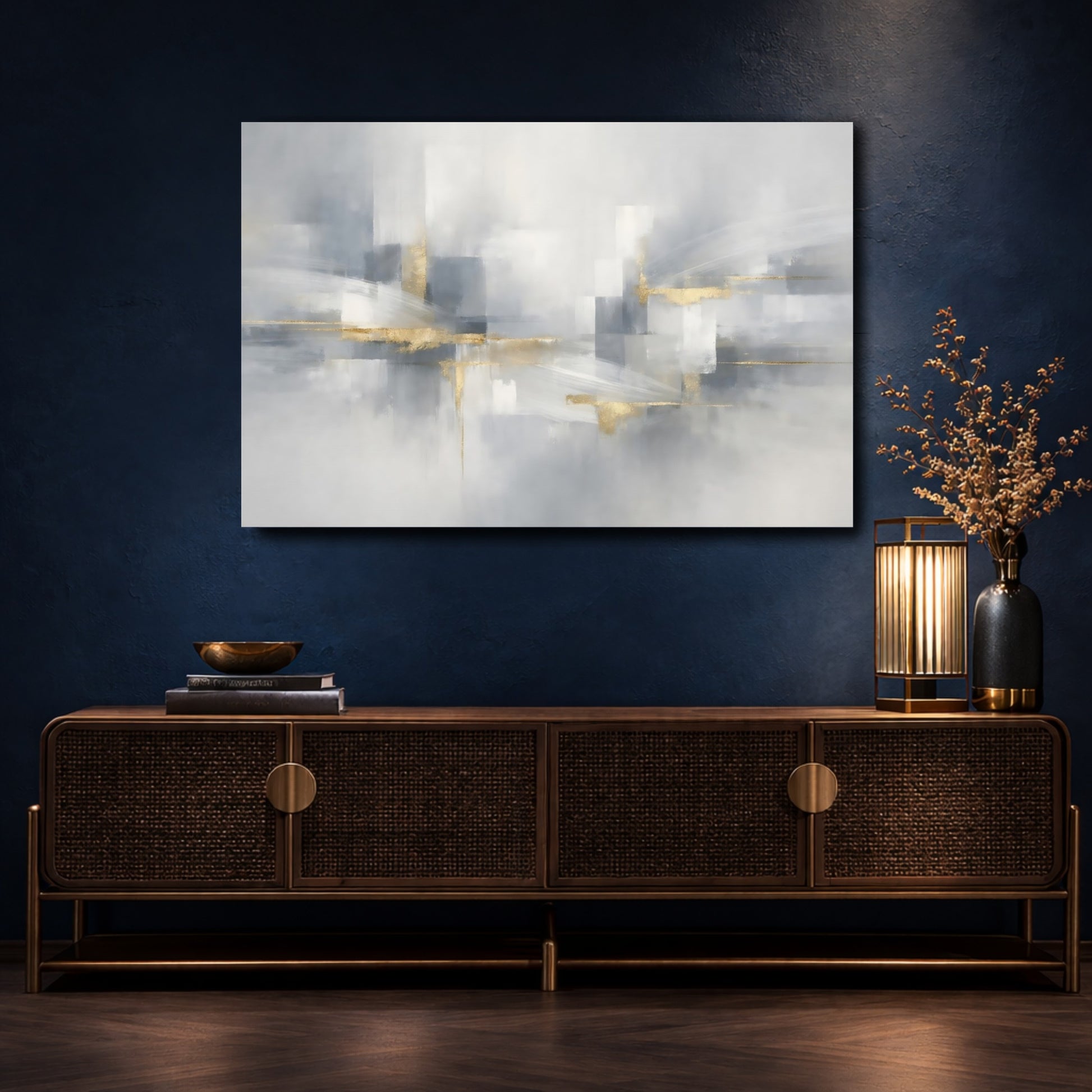 Mockup 4. Abstract Abstract Forms Gray And Gold Abstract shown as stretched canvas wall art