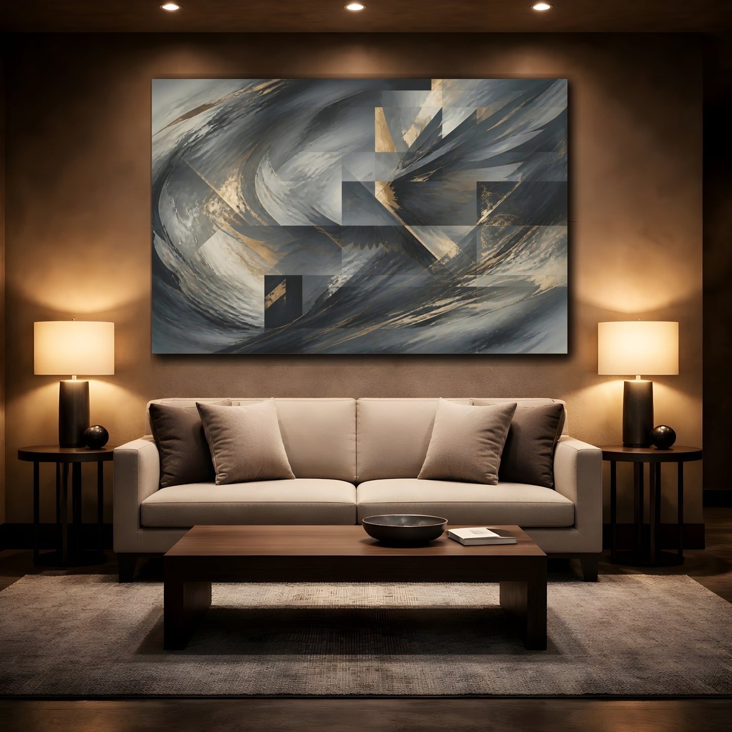 Mockup 2. Abstract Abstract Forms Gray Gold Abstract shown as canvas print