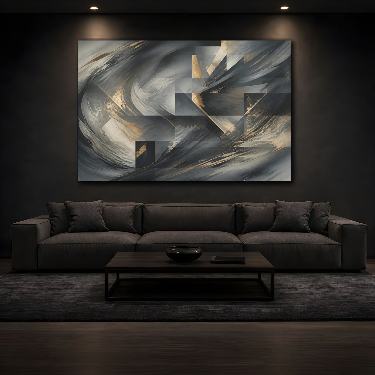 Mockup 3. Abstract Abstract Forms Gray Gold Abstract shown as canvas print