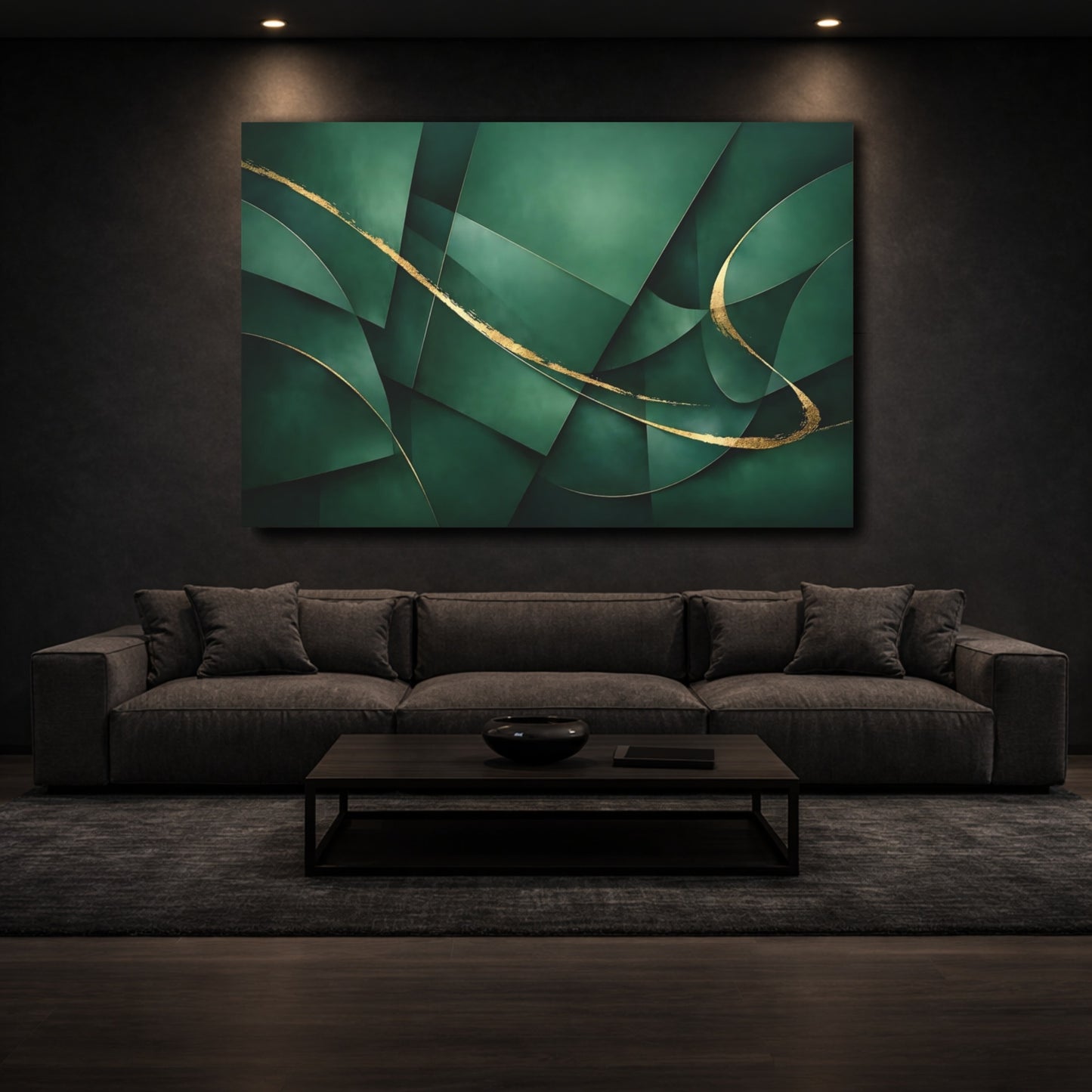 Mockup 2. Abstract Abstract Forms Green And Gold shown as stretched canvas wall art