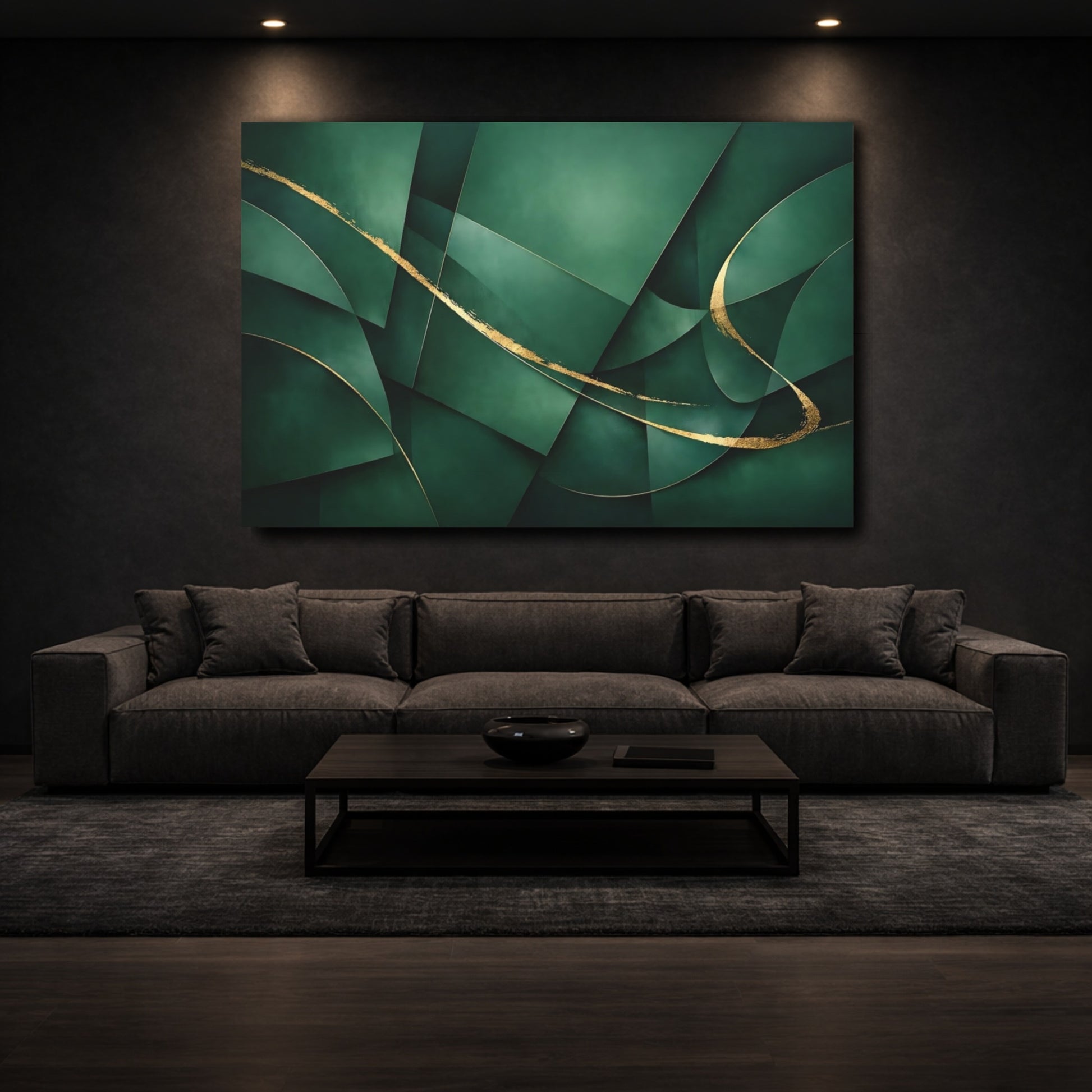 Mockup 2. Abstract Abstract Forms Green And Gold shown as stretched canvas wall art