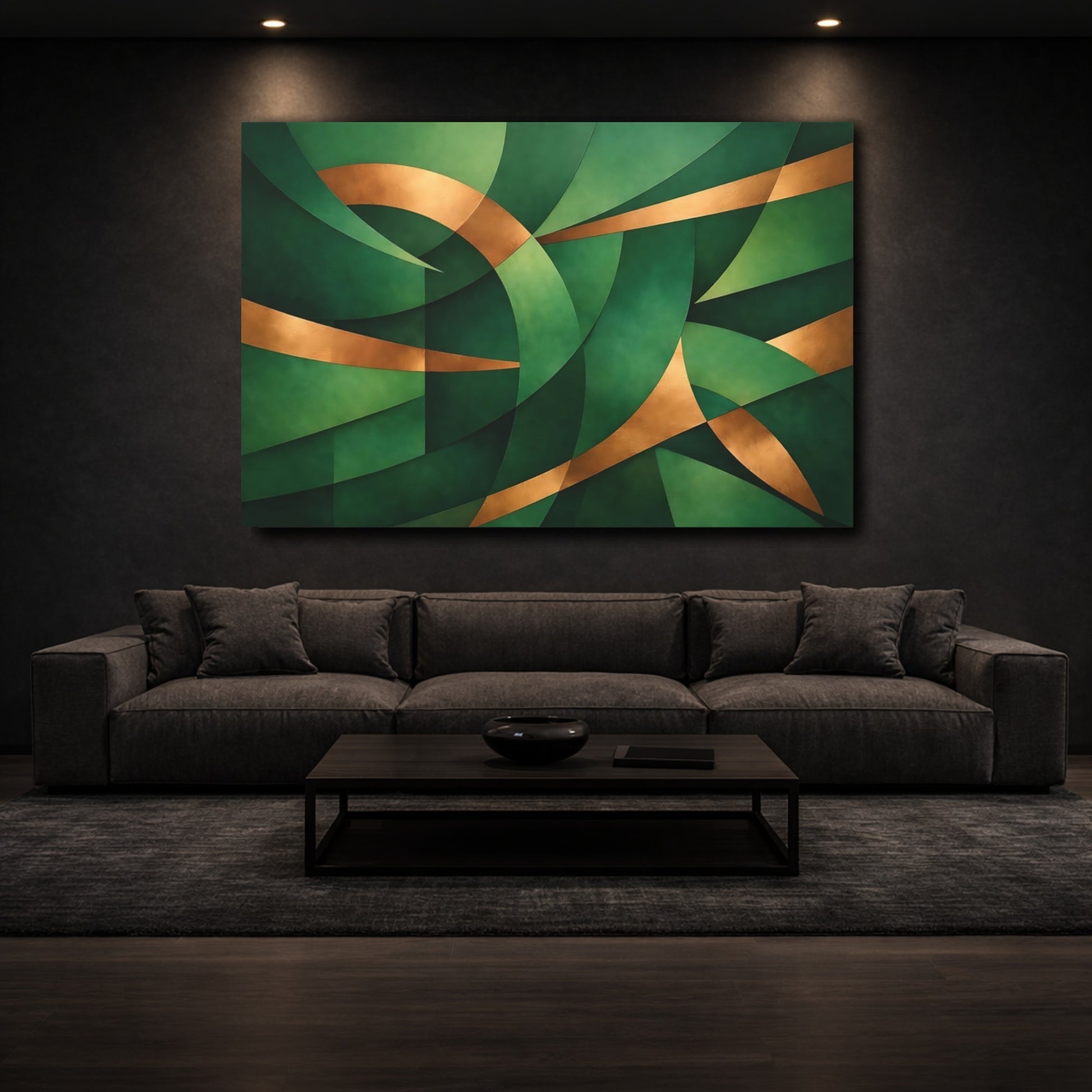 Mockup 2. Abstract Abstract Forms Green And Gold shown as stretched canvas wall art
