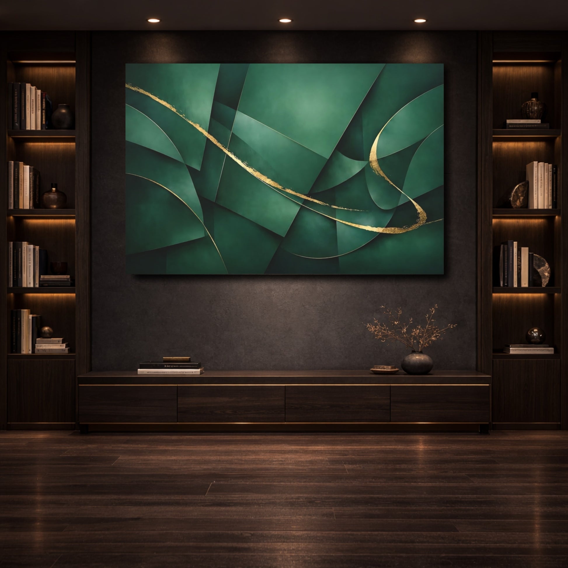 Mockup 3. Abstract Abstract Forms Green And Gold shown as stretched canvas wall art